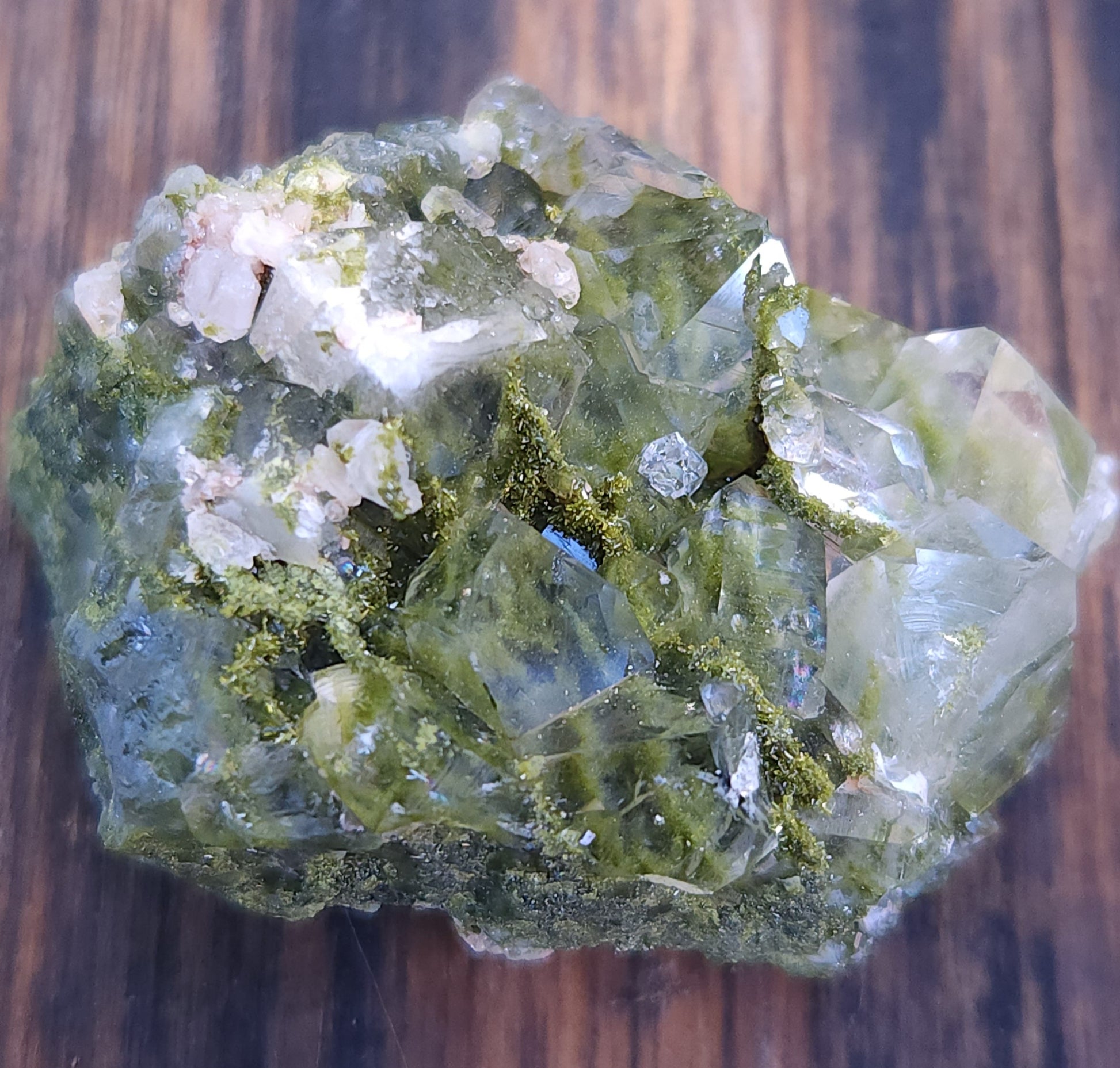 High grade Forest Epidote with clear quartz crystal cluster specimen from Hakkari Turkey. SP455-01