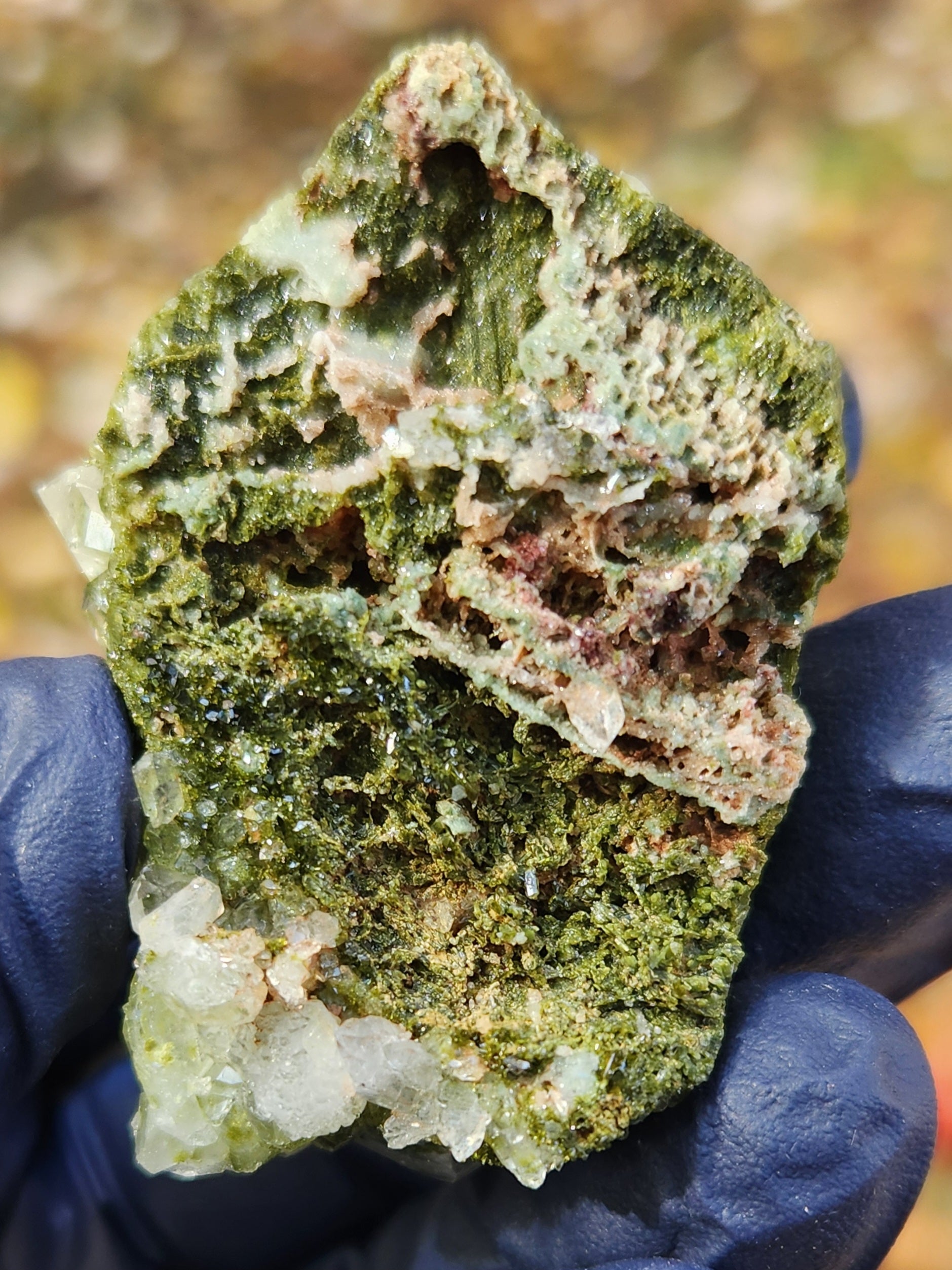 Back of green epidote crystals and clear quartz on natural matrix from Hakkari Turkey. Sp455