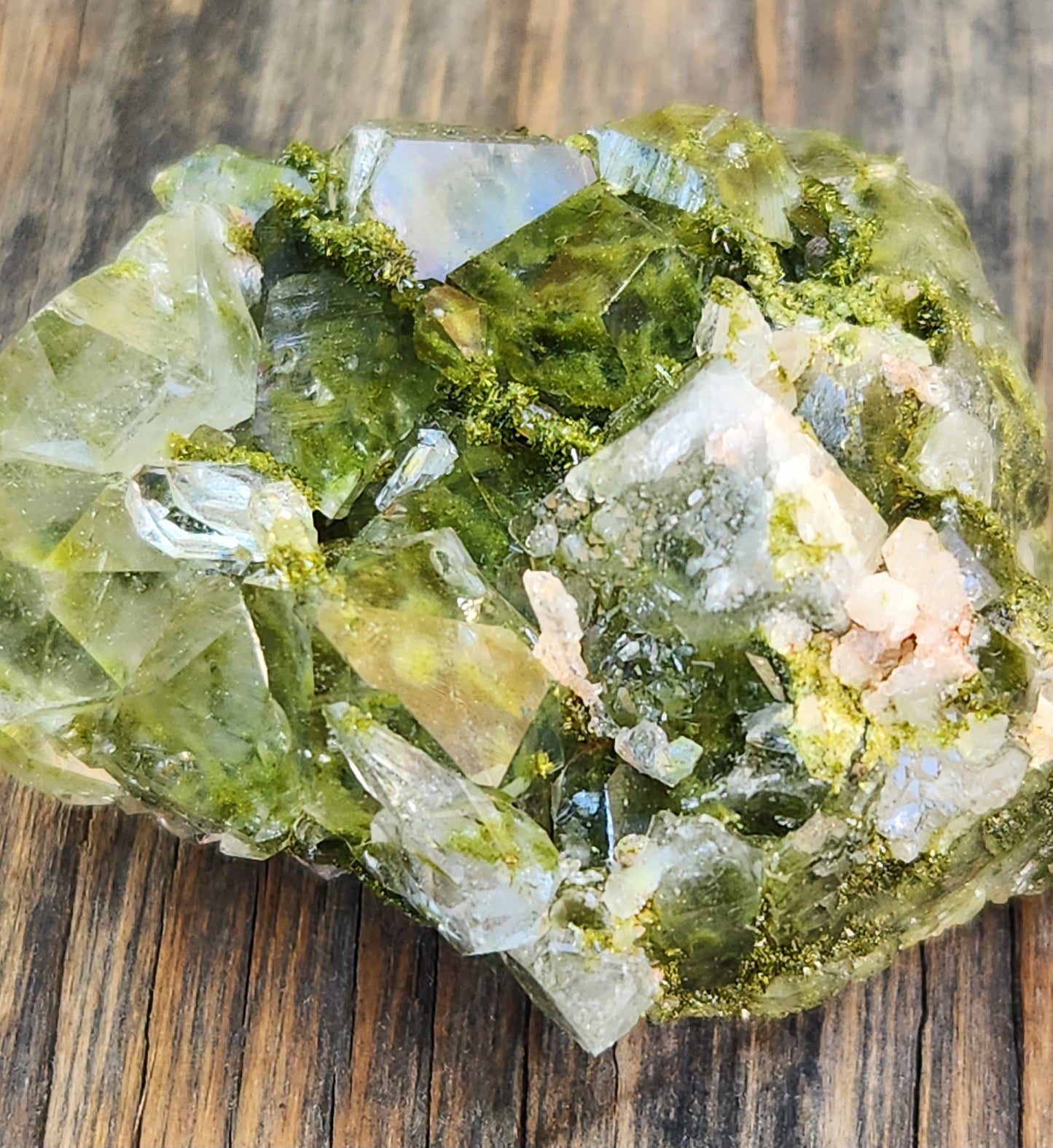 High grade Forest Epidote with clear quartz crystal cluster specimen from Hakkari Turkey. SP455