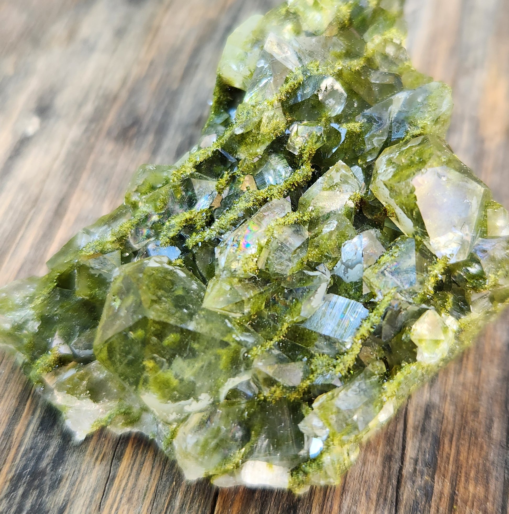 High grade Forest Epidote with clear quartz crystal cluster specimen from Hakkari Turkey. SP457-01