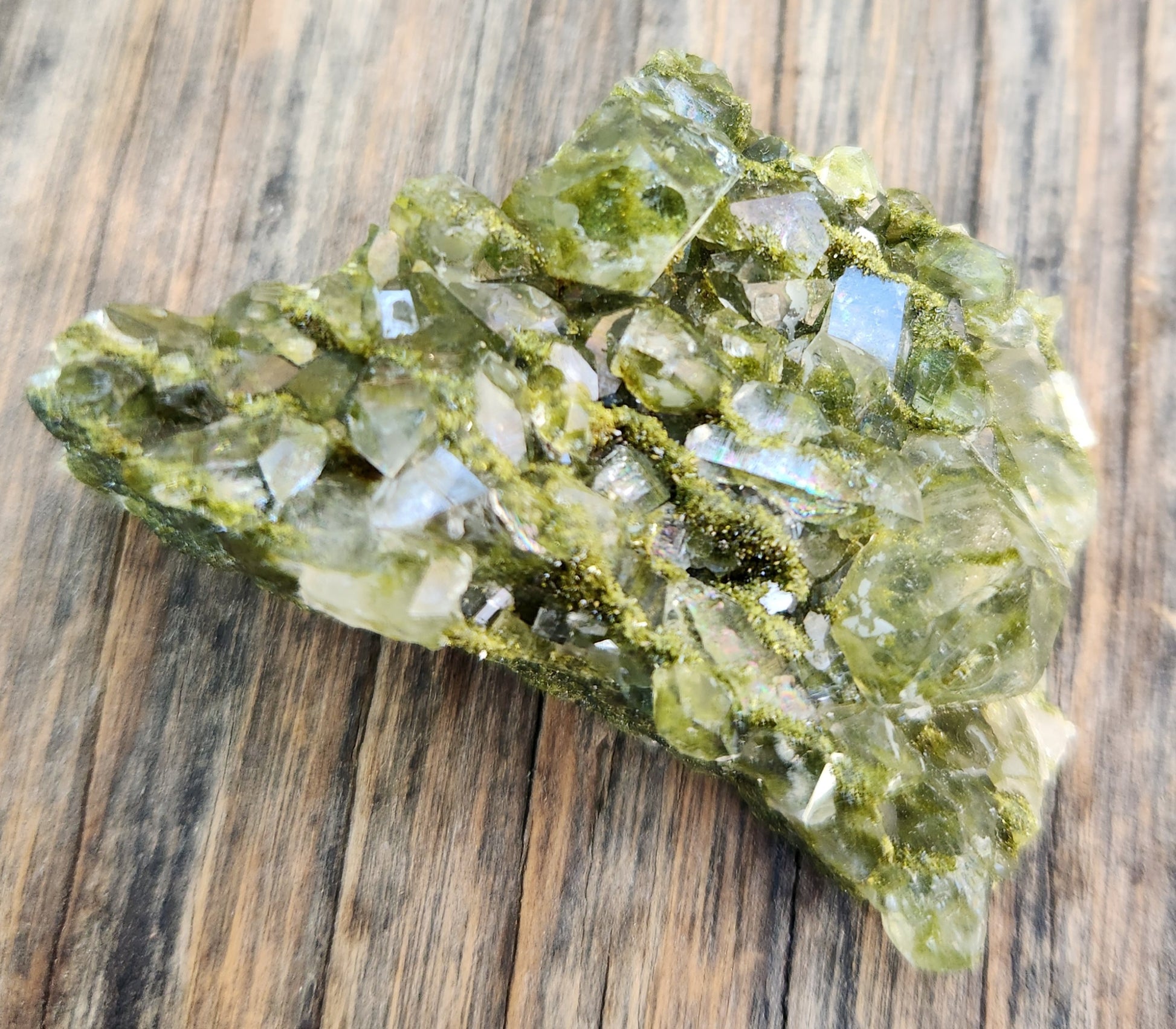 High grade Forest Epidote with clear quartz crystal cluster specimen from Hakkari Turkey. SP457