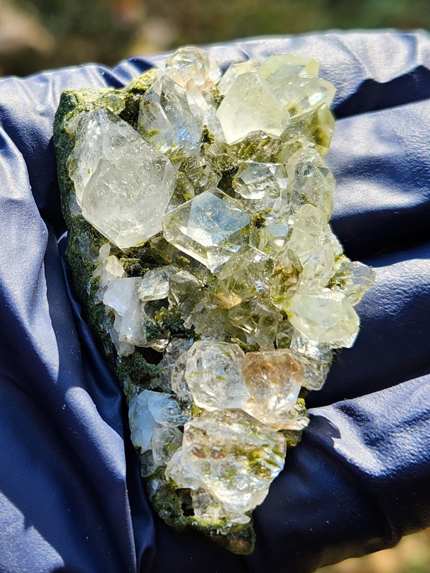 High grade Forest Epidote with clear quartz crystal cluster specimen from Hakkari Turkey. SP458-02