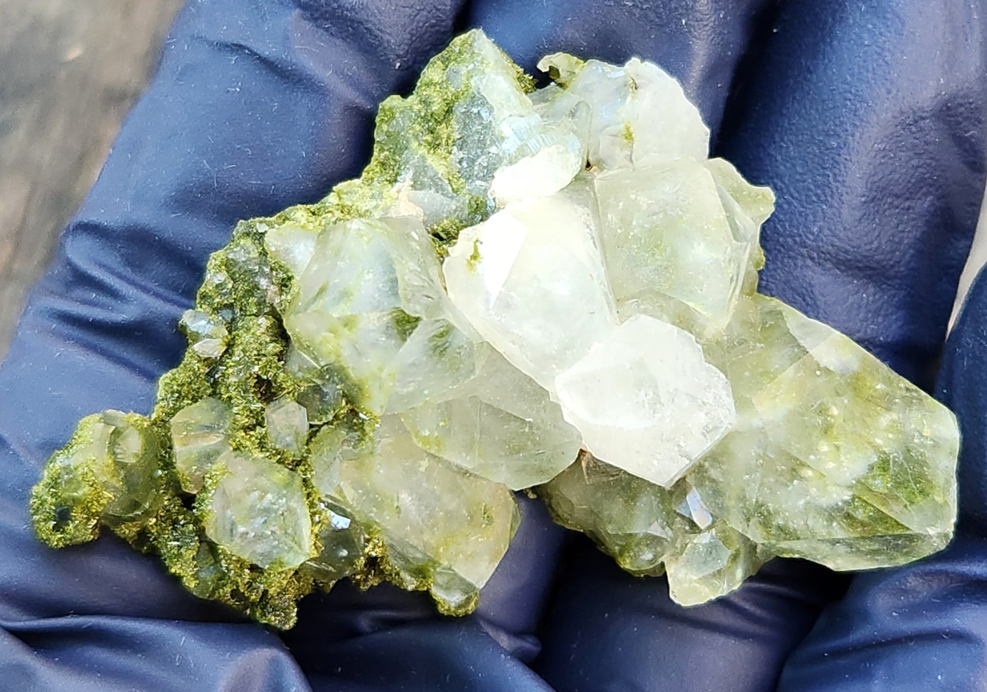 High grade Forest Epidote with clear quartz crystal cluster specimen from Hakkari Turkey. SP459