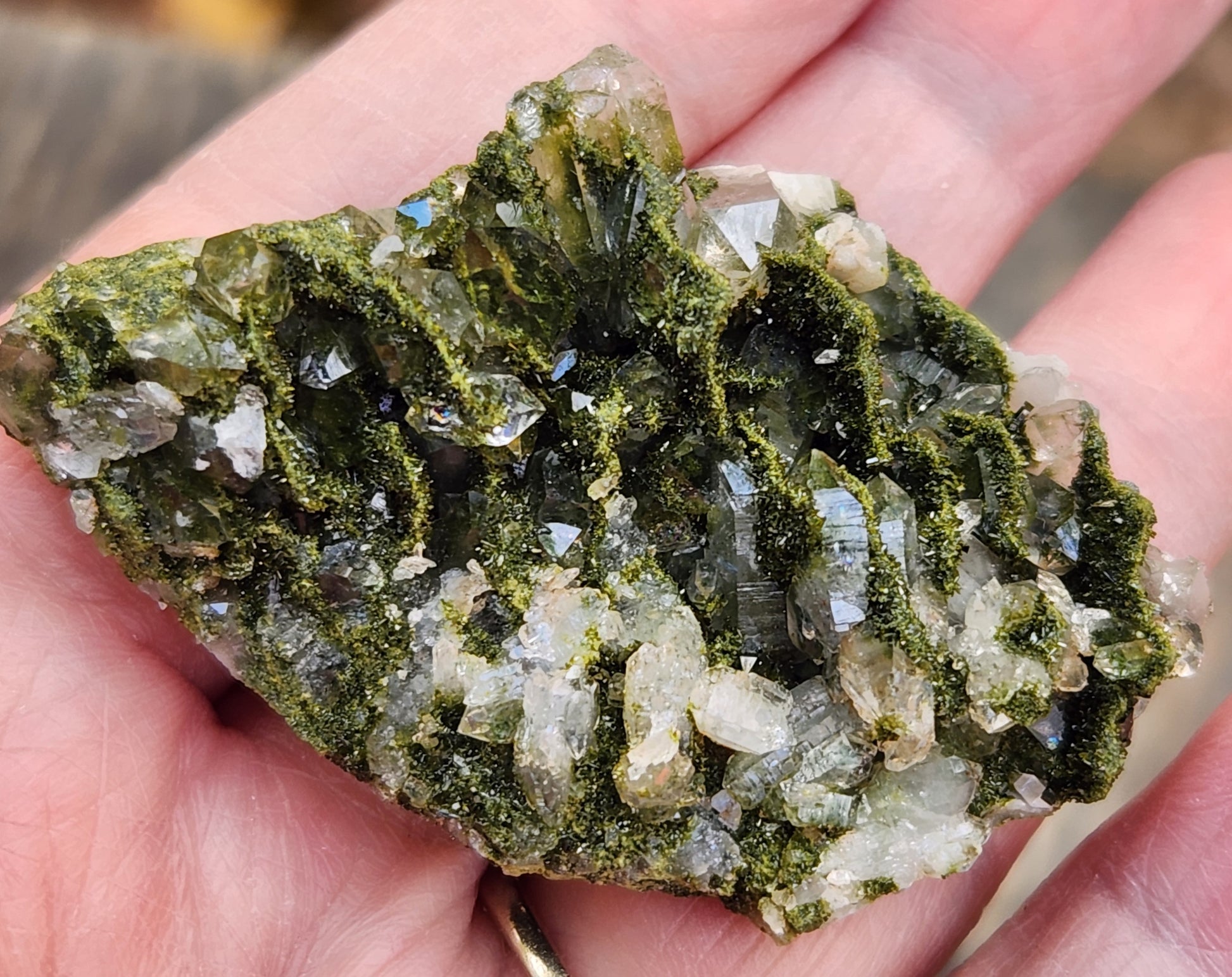 Close-up of green epidote crystals and clear quartz on natural matrix from Hakkari Turkey. SP462