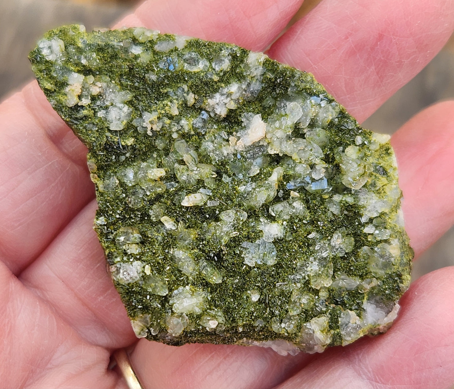 Close-up of green epidote crystals and clear quartz on natural matrix from Hakkari Turkey. SP462-01