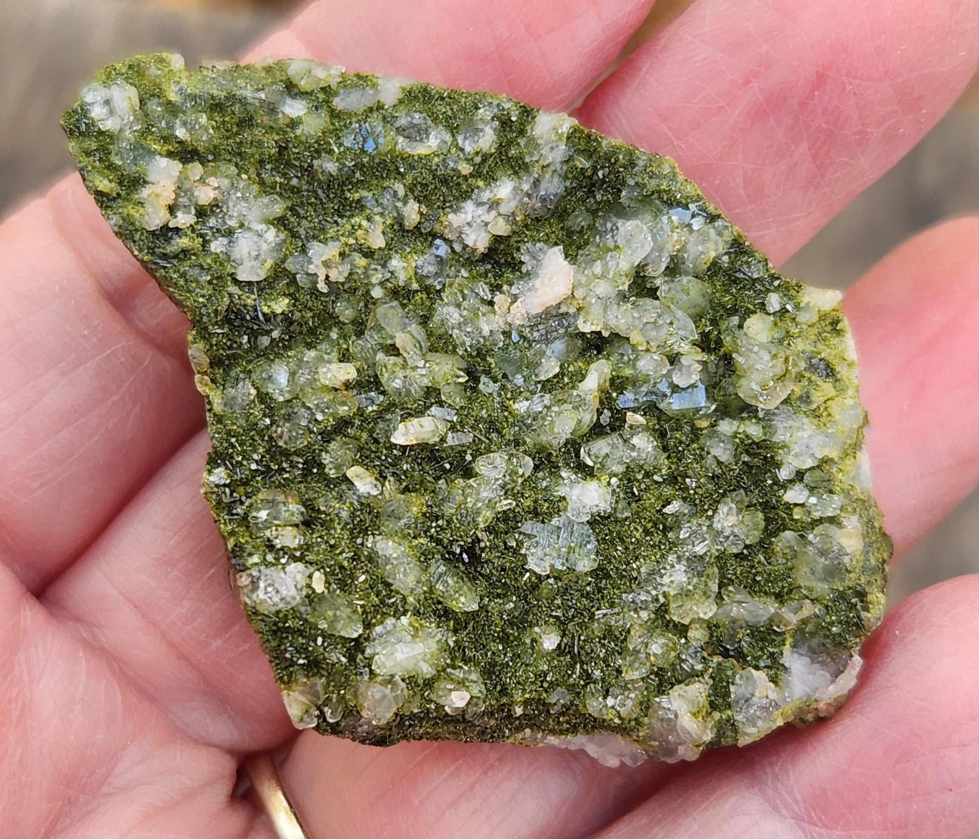 Close-up of green epidote crystals and clear quartz on natural matrix from Hakkari Turkey. SP462-01