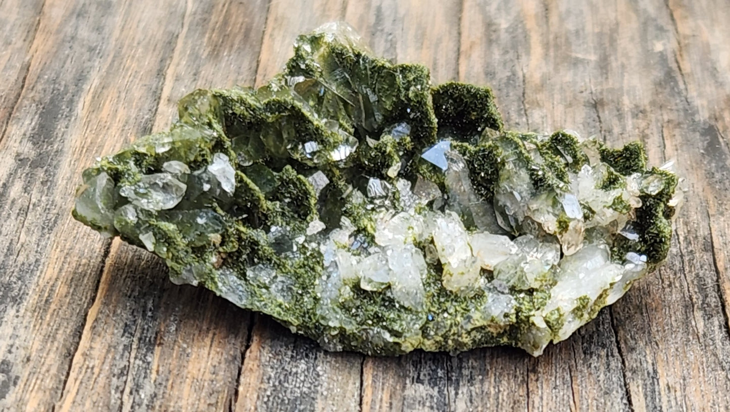 High grade Forest Epidote with clear quartz crystal cluster specimen from Hakkari Turkey. SP462