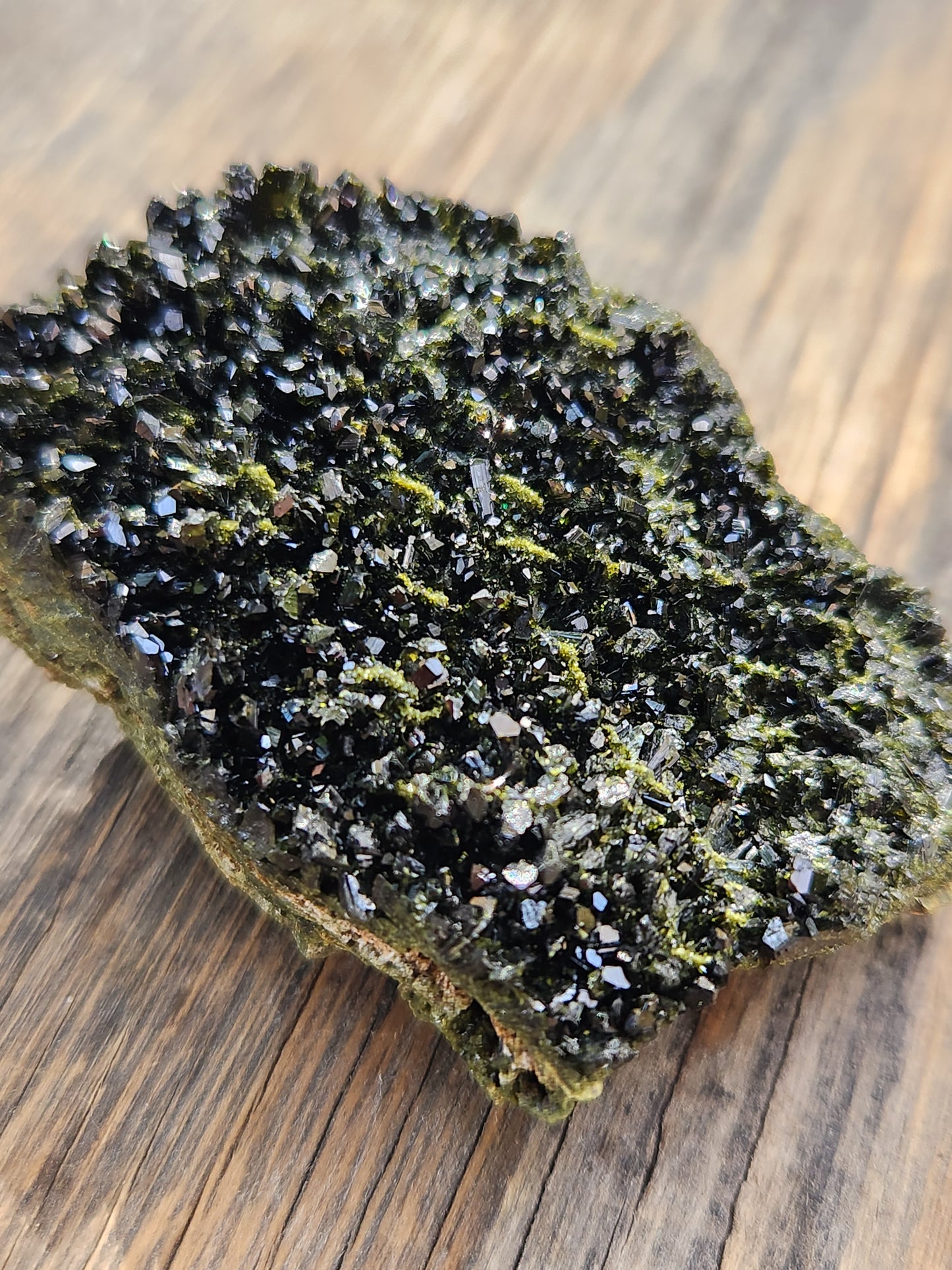 Close-up of green epidote crystals and clear quartz on natural matrix from Hakkari Turkey. SP463