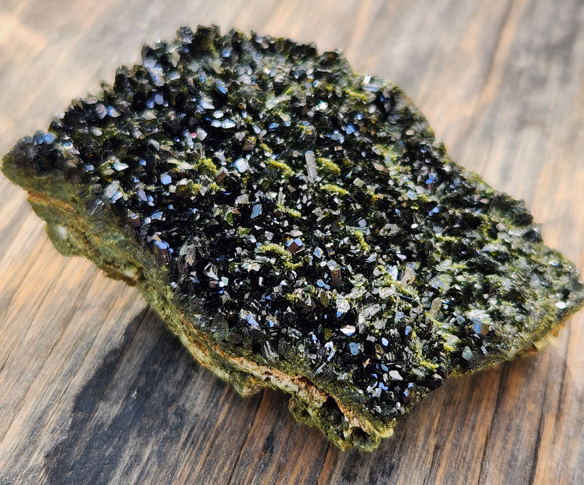 High grade Forest Epidote with clear quartz crystal cluster specimen from Hakkari Turkey. SP463