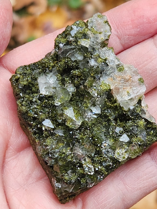 High grade Forest Epidote with clear quartz crystal cluster specimen from Hakkari Turkey. SP465