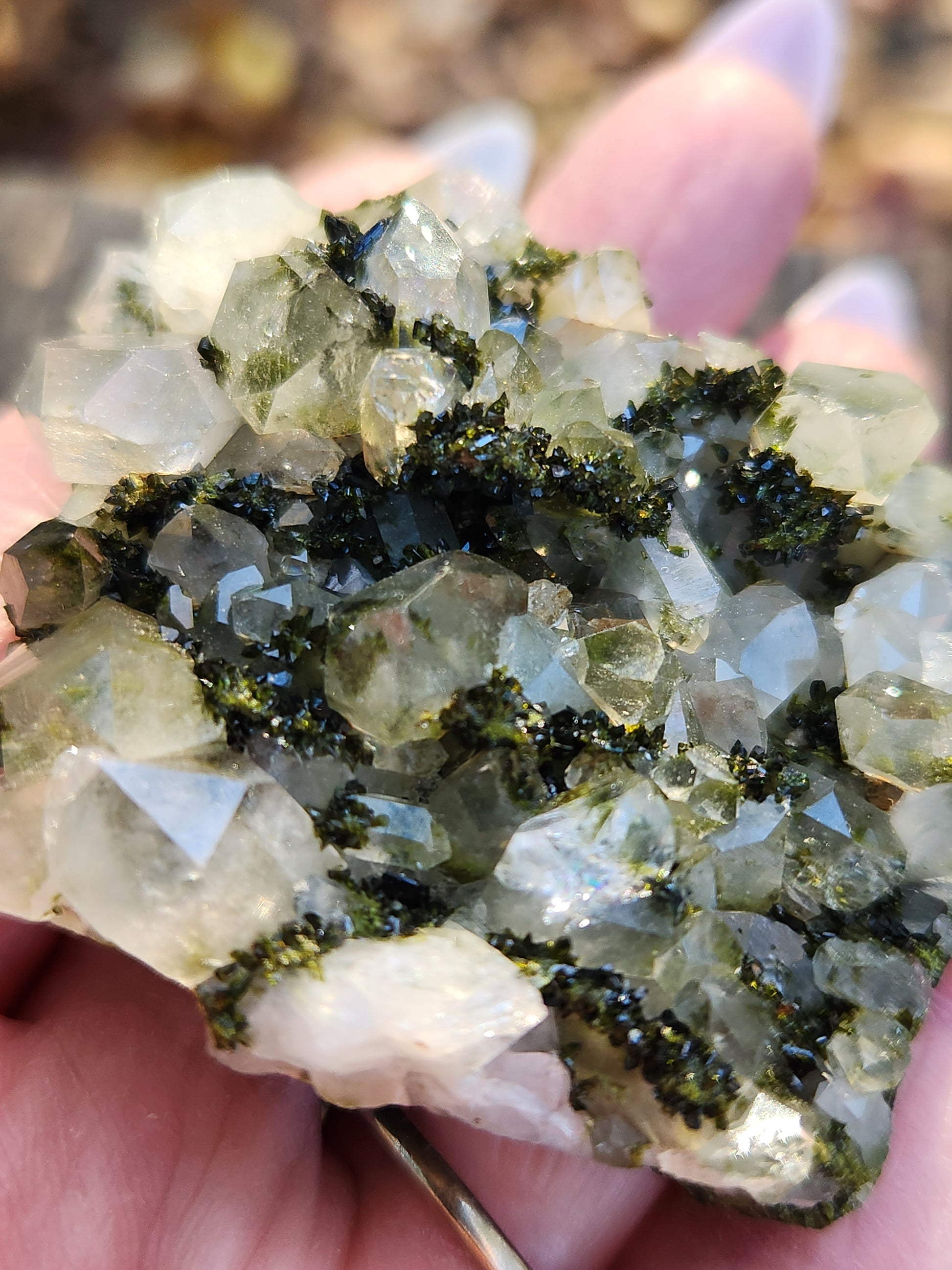 Close-up of green epidote crystals and clear quartz on natural matrix from Hakkari Turkey. SP472-02