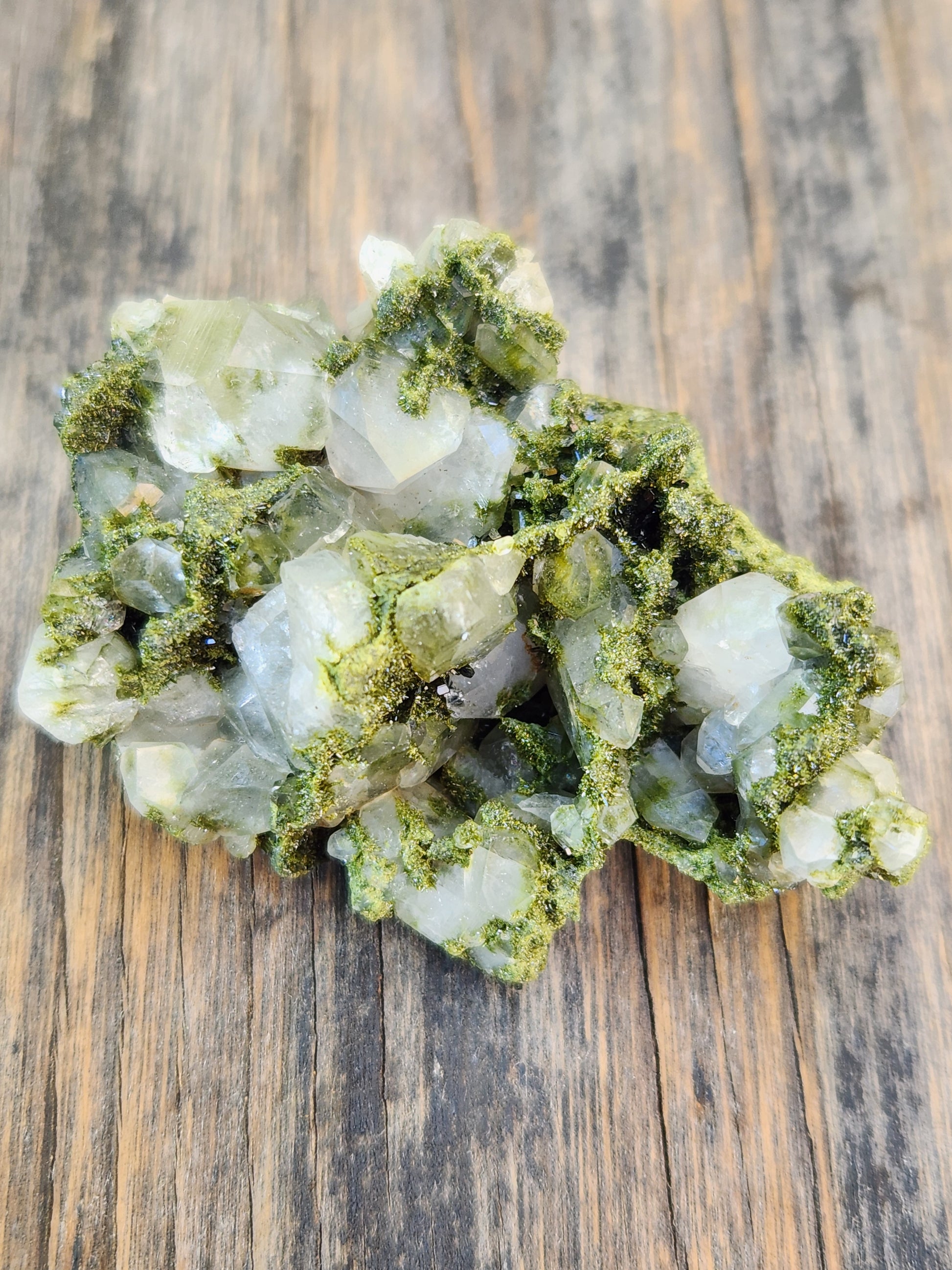 High grade Forest Epidote with clear quartz crystal cluster specimen from Hakkari Turkey. SP452