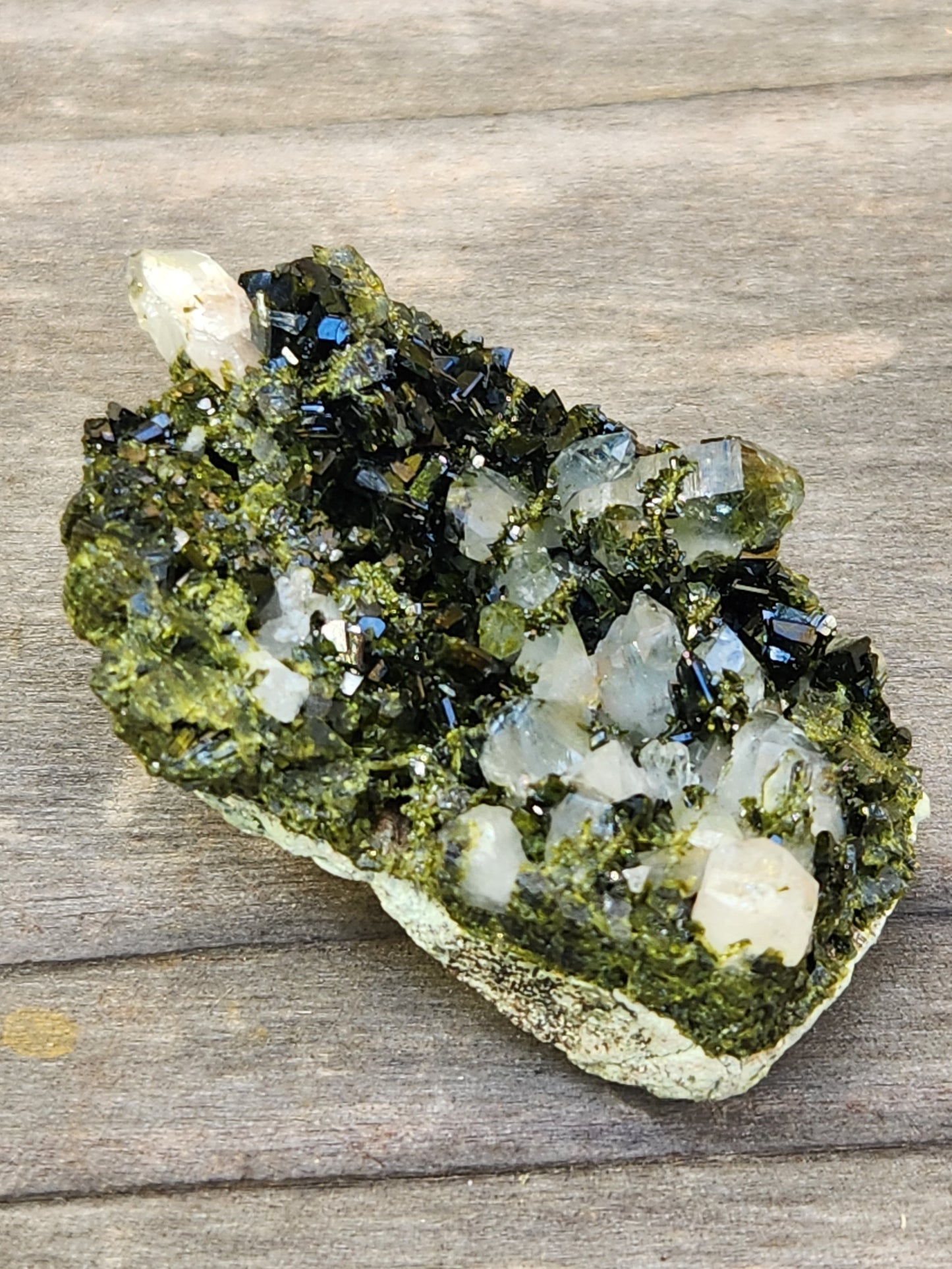 High grade Forest Epidote with clear quartz crystal cluster specimen from Hakkari Turkey sp454