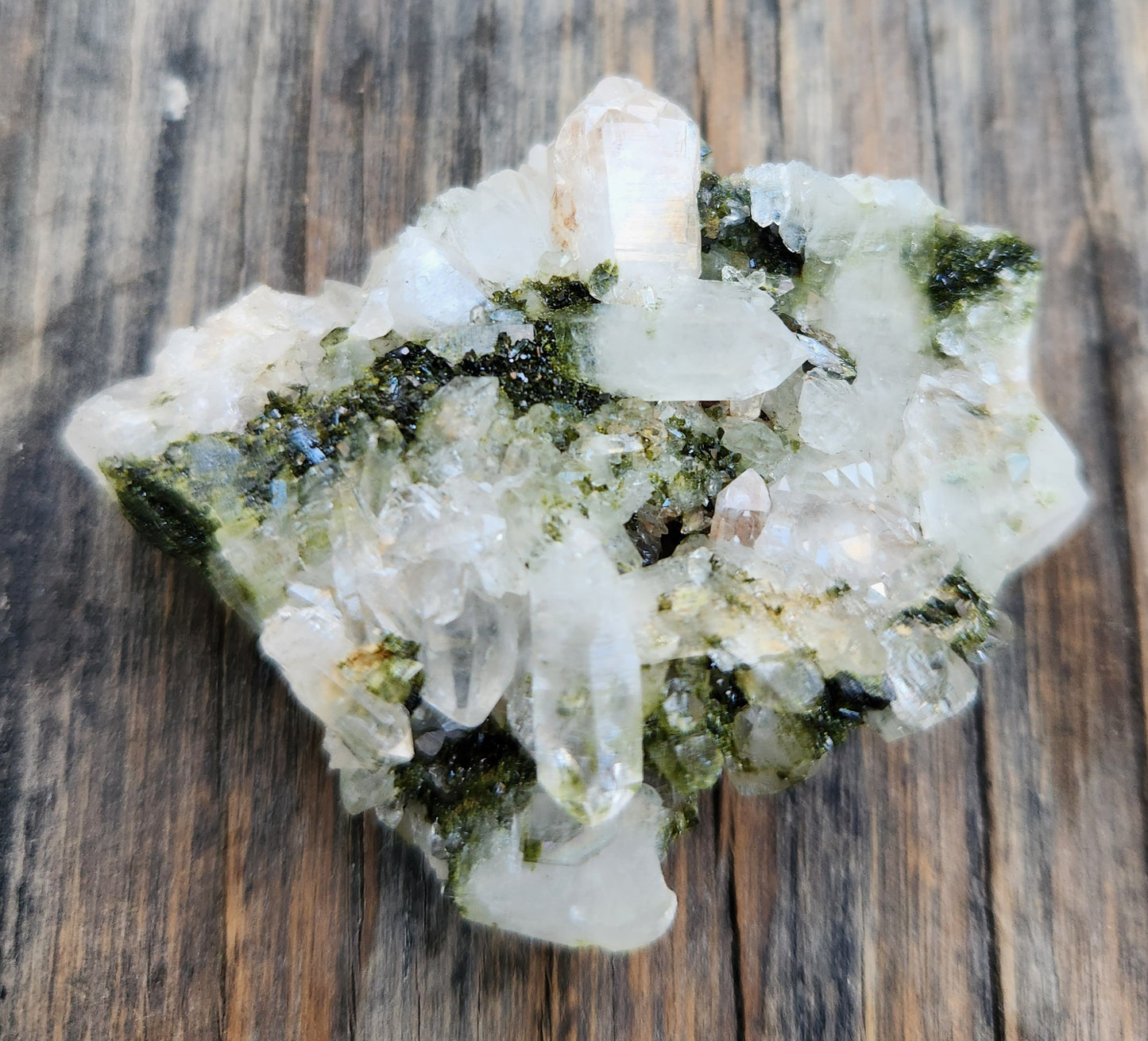 High grade Forest Epidote with clear quartz crystal cluster specimen from Hakkari Turkey