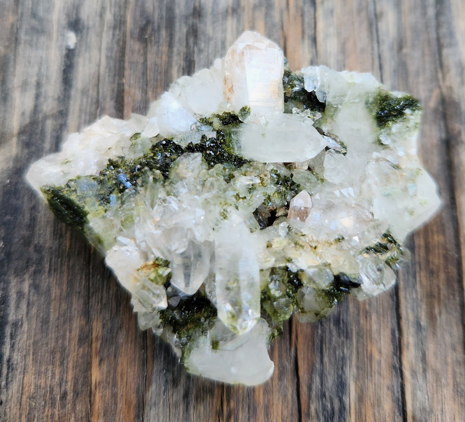 High grade Forest Epidote with clear quartz crystal cluster specimen from Hakkari Turkey