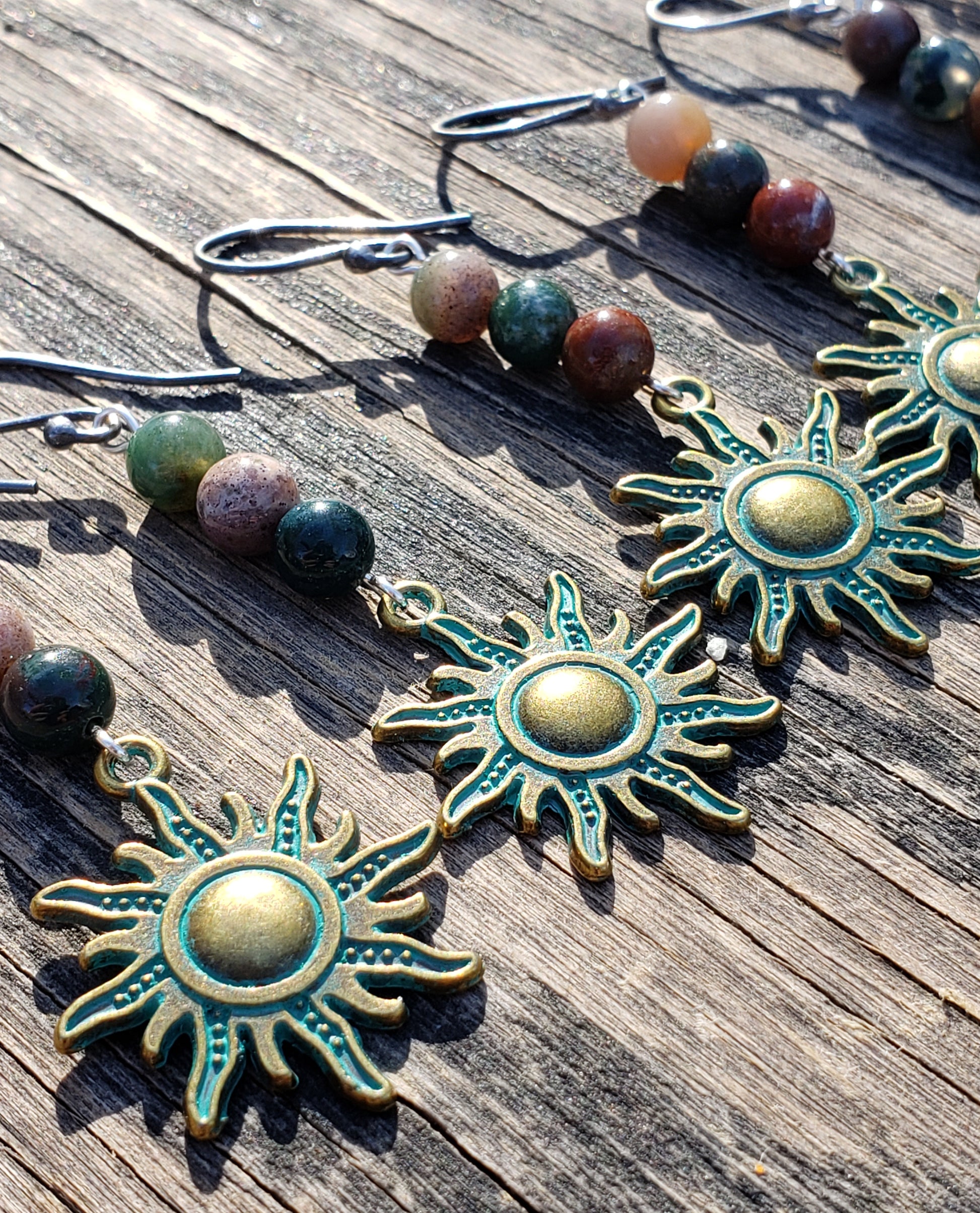Indian agate and green patina sun sterling silver dangle earrings variations
