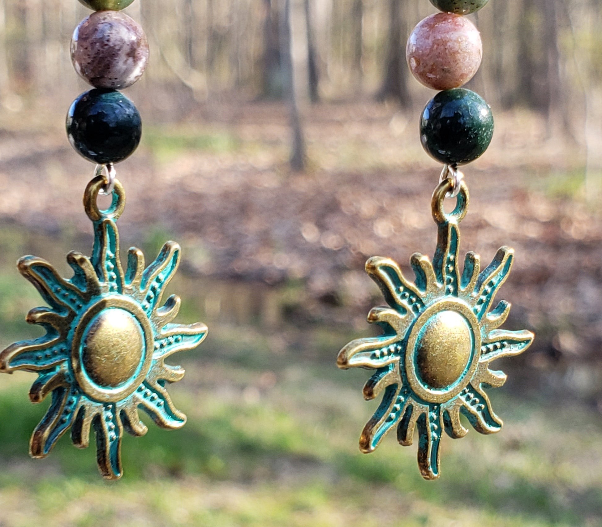 handmade Indian agate and green patina sun sterling silver dangle earrings