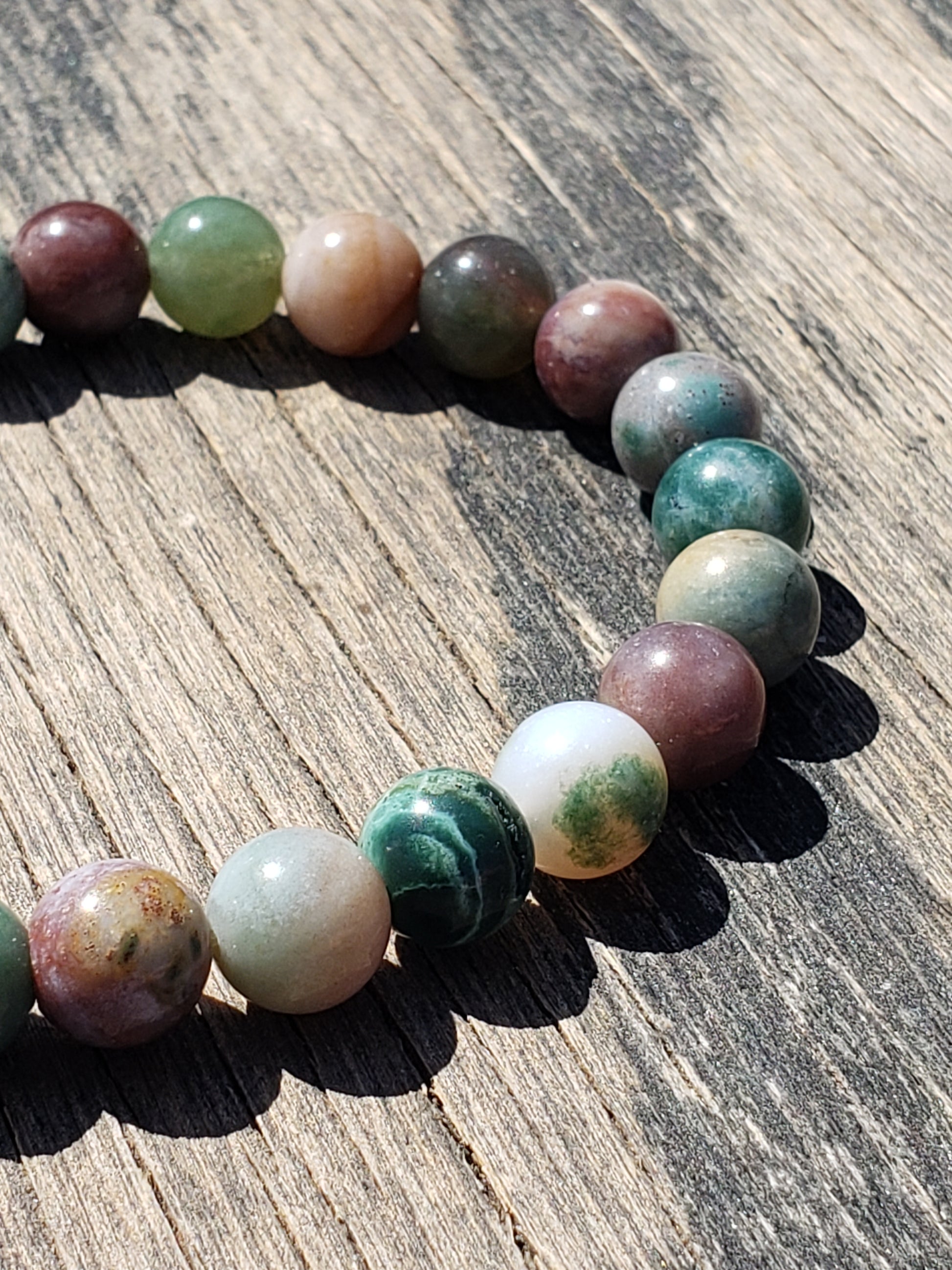 Indian Agate stretch bracelet with natural gemstone beads close up