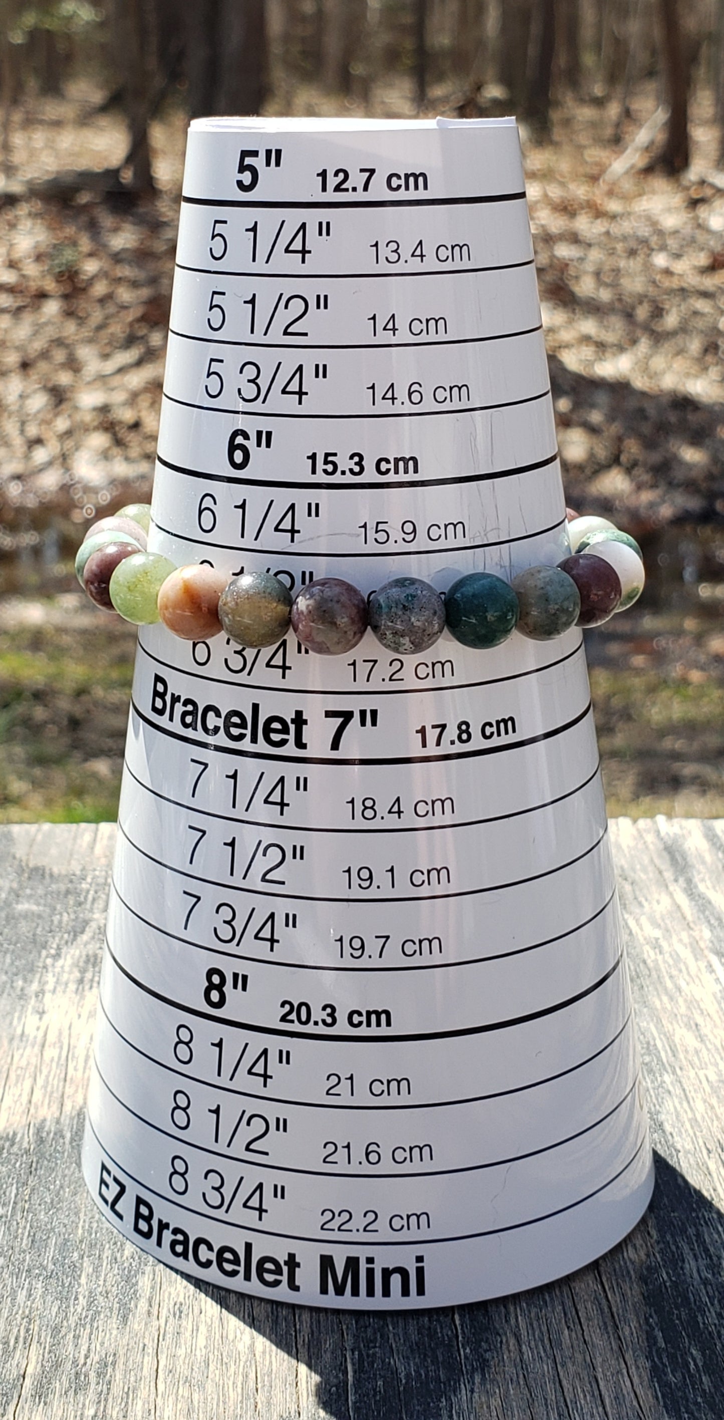 Indian Agate stretch bracelet with natural gemstone beads on bracelet sizer