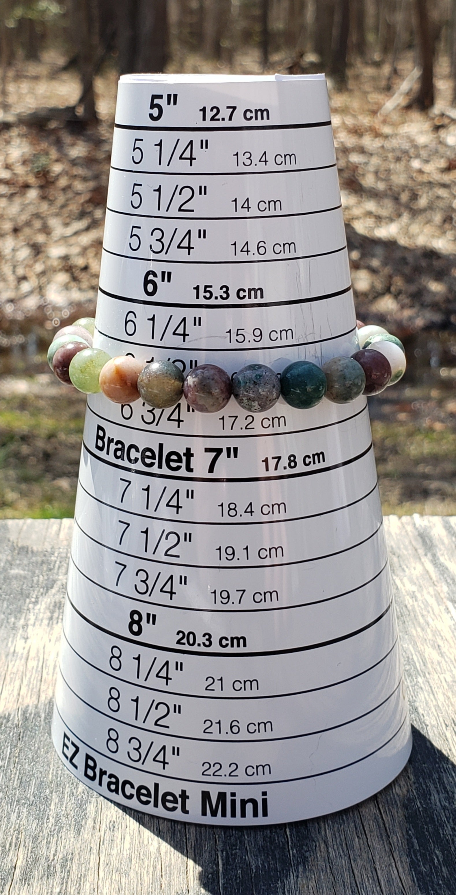 Indian Agate stretch bracelet with natural gemstone beads on bracelet sizer