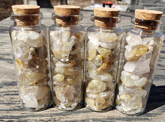 Jumbo jar of polished tumbled Rutilated Quartz stones with needle-like inclusions, JJRRQ