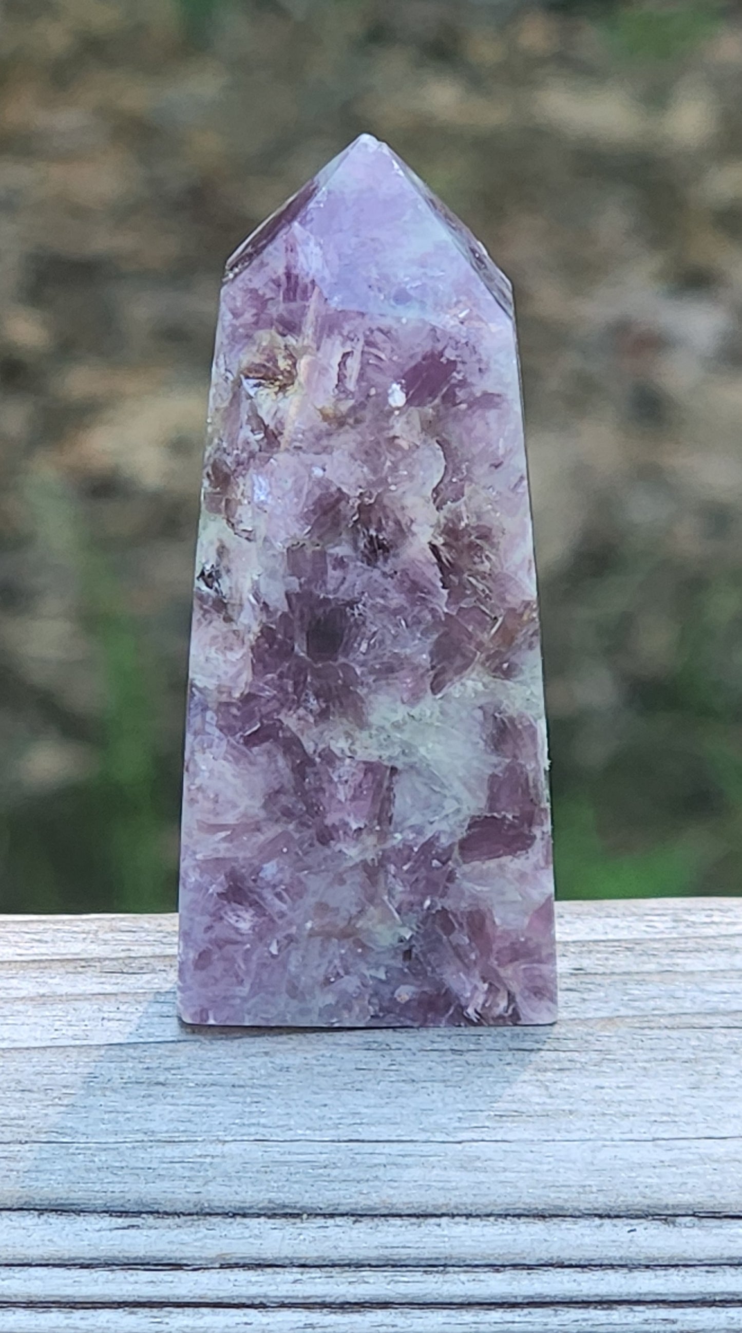 Polished lepidolite mini tower crystal with lavender tones