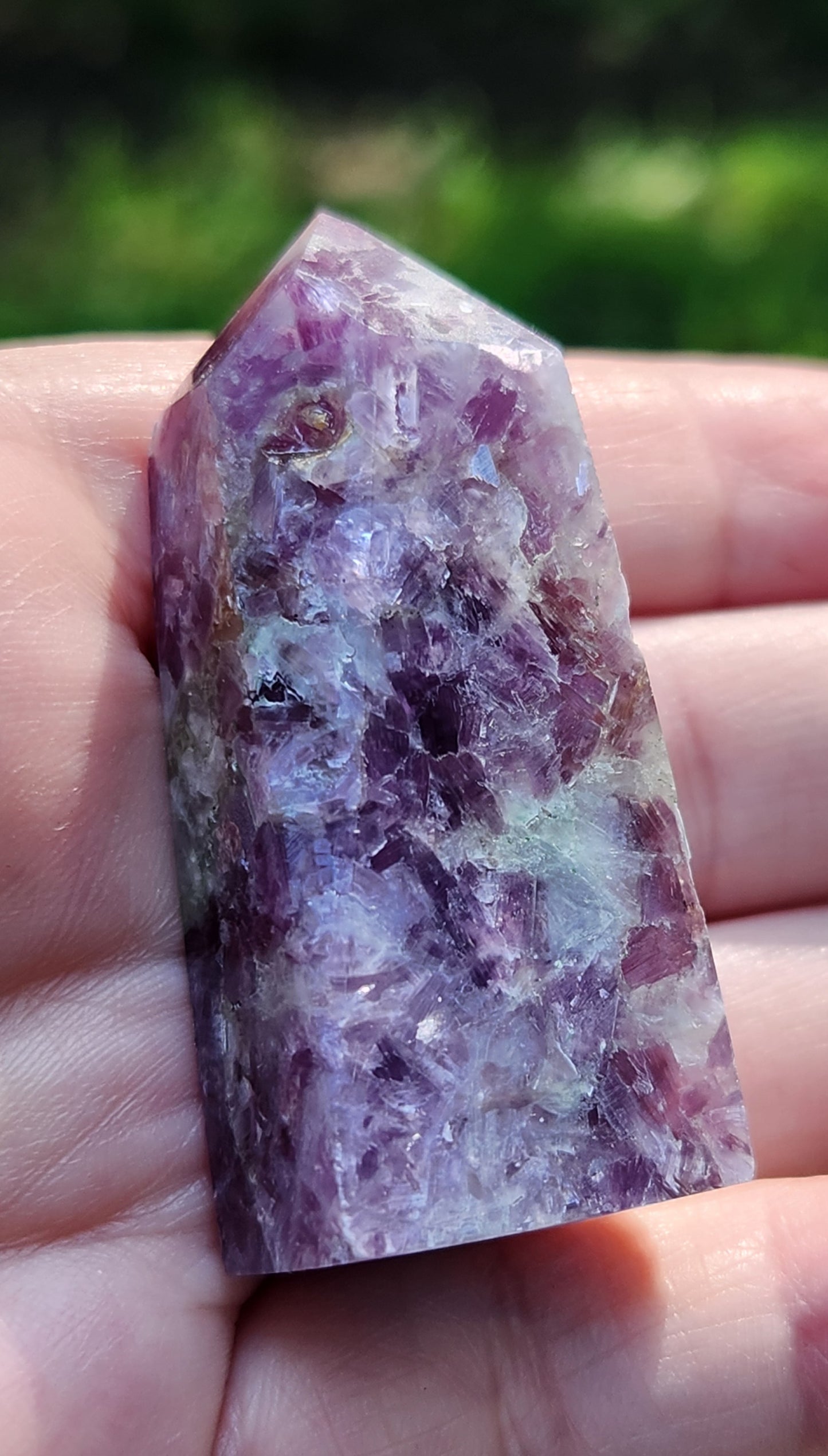 Polished lepidolite mini tower crystal with lavender tones