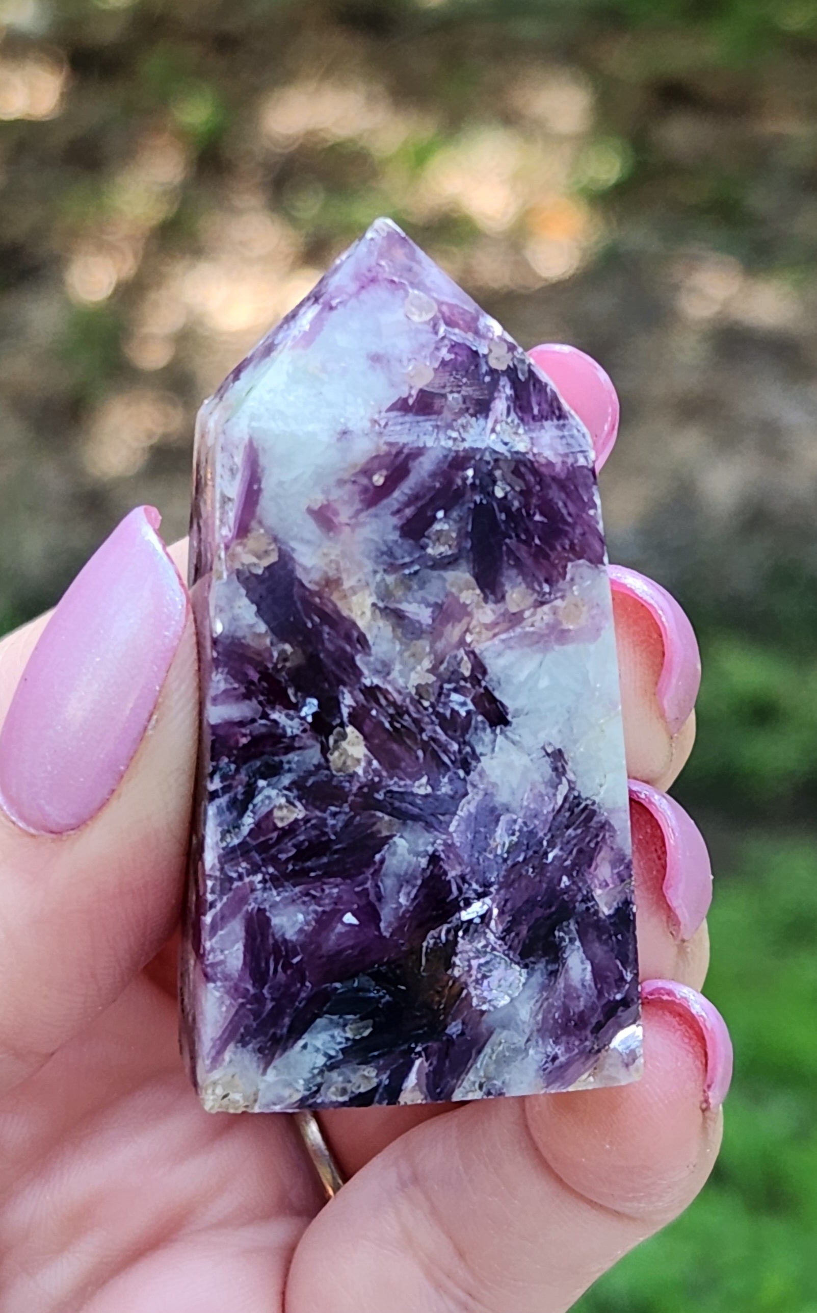 Natural lavender lepidolite crystal mini tower from multiple angles
