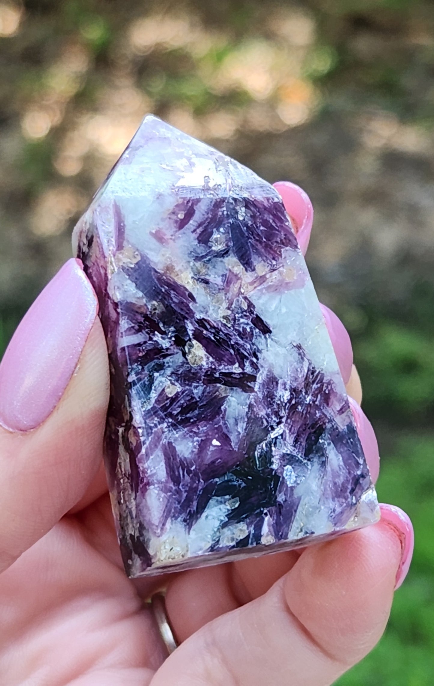 Natural lavender lepidolite crystal mini tower from multiple angles close