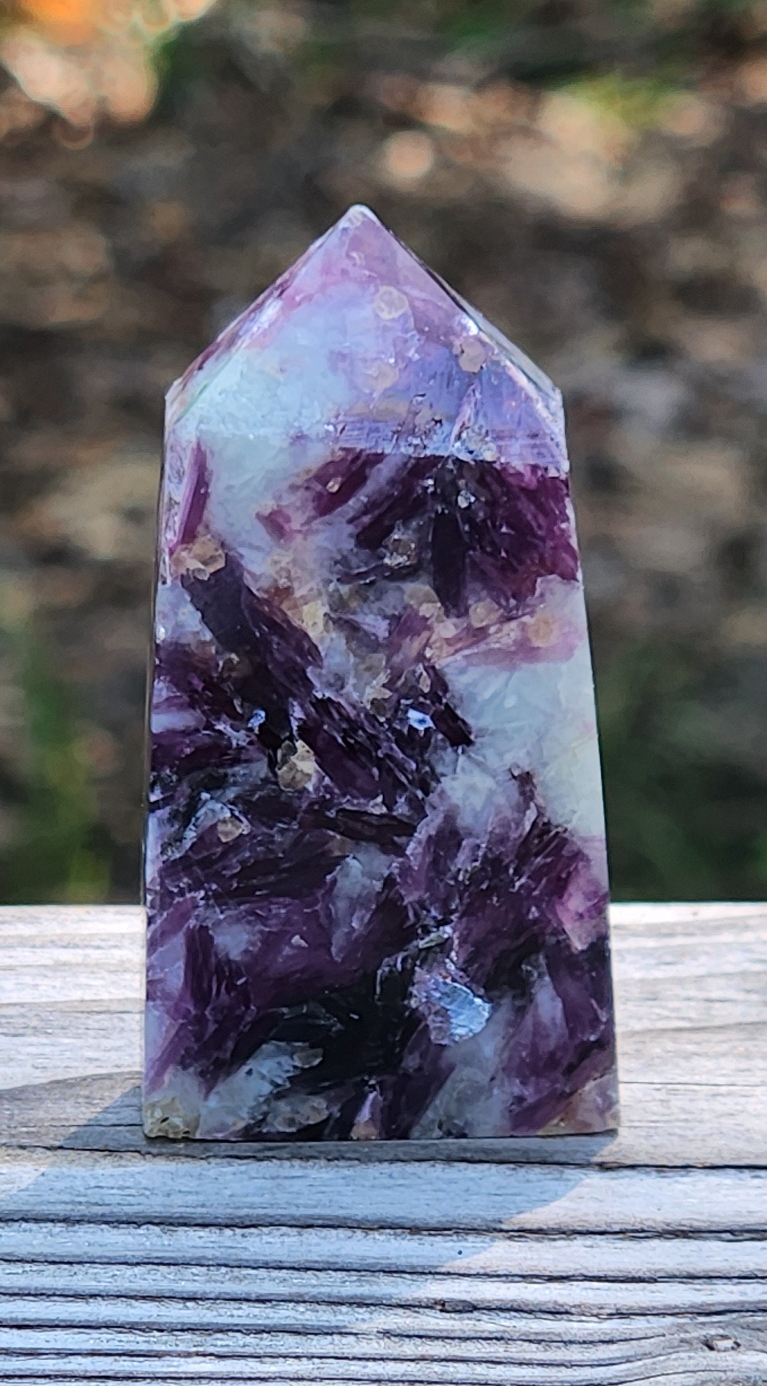 Natural lavender lepidolite crystal mini tower from multiple angles