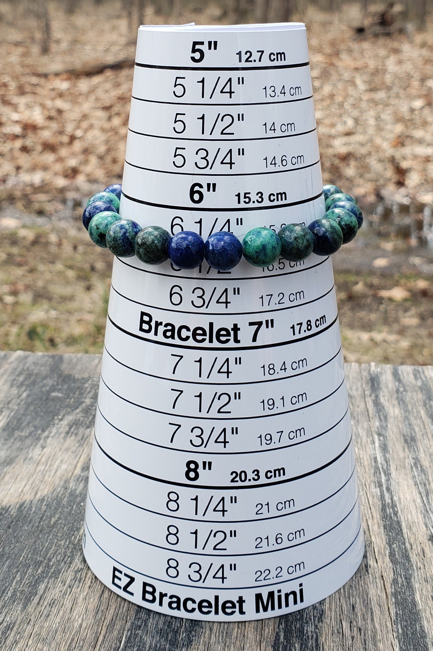 Natural gemstone malachite azurite bracelet on bracelet sizer