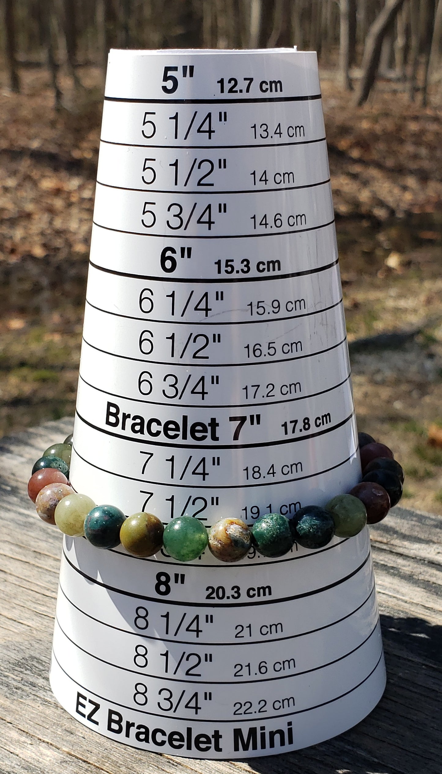 Men’s Indian Agate stretch bracelet on sizer