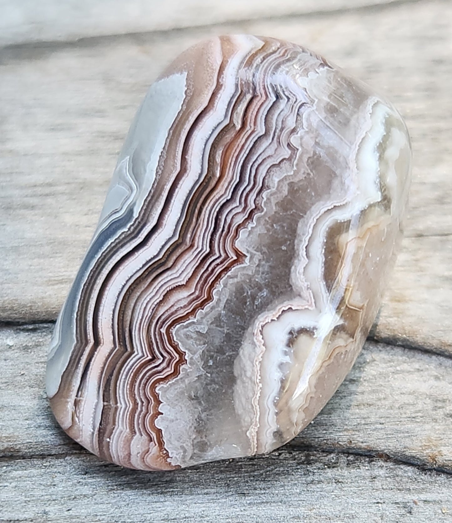 Mexican Crazy Lace Agate showing layered cream and gray chalcedony, TA358