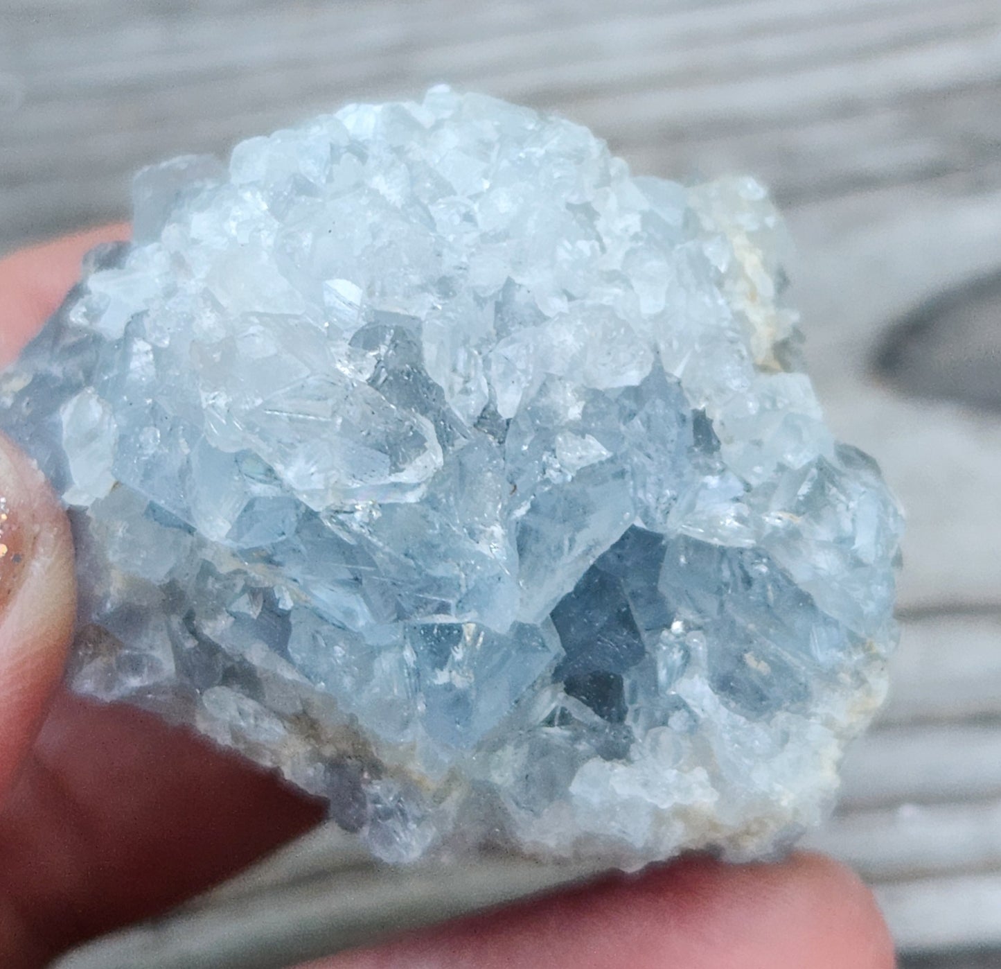 Blue Celestine mineral specimen with druzy crystal formation, item RC434