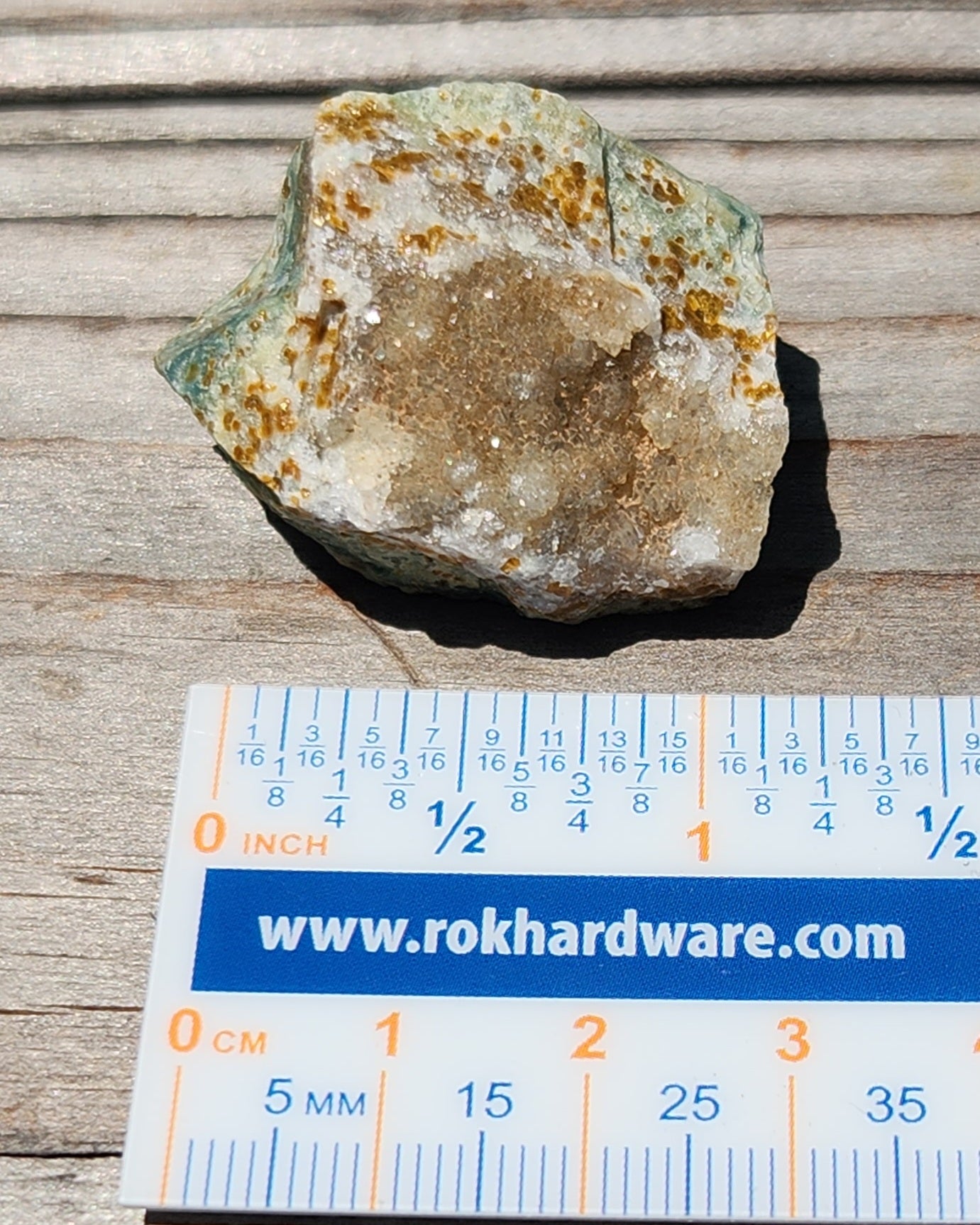 Ocean Jasper druzy showing micro-crystals with a ruler