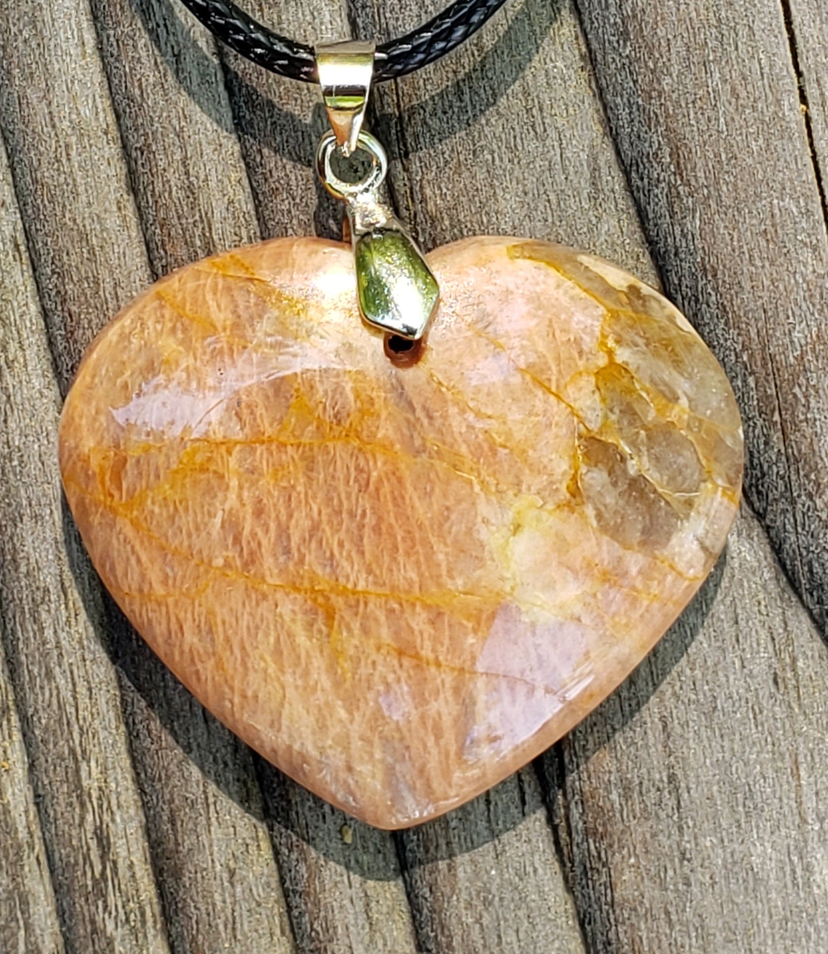 Handmade peach moonstone heart necklace  close up 1