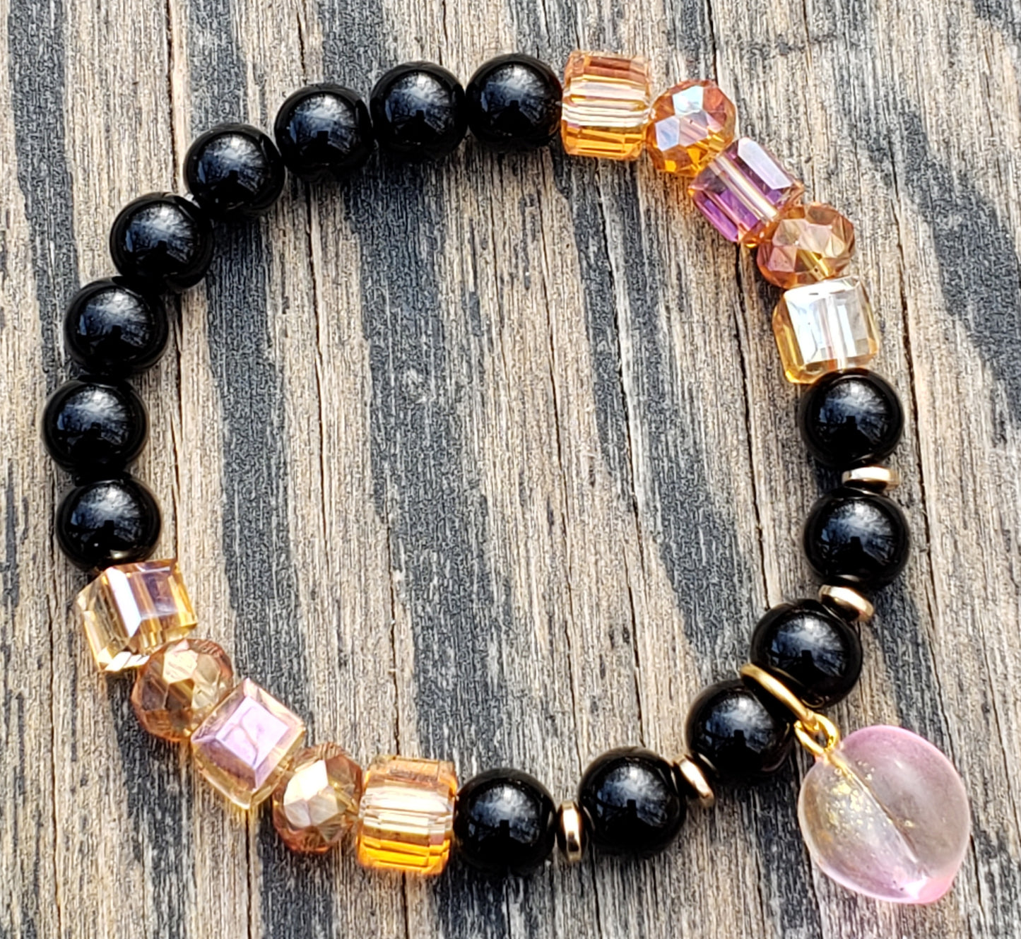 Pink, orange & black glass stretch bracelet full picture