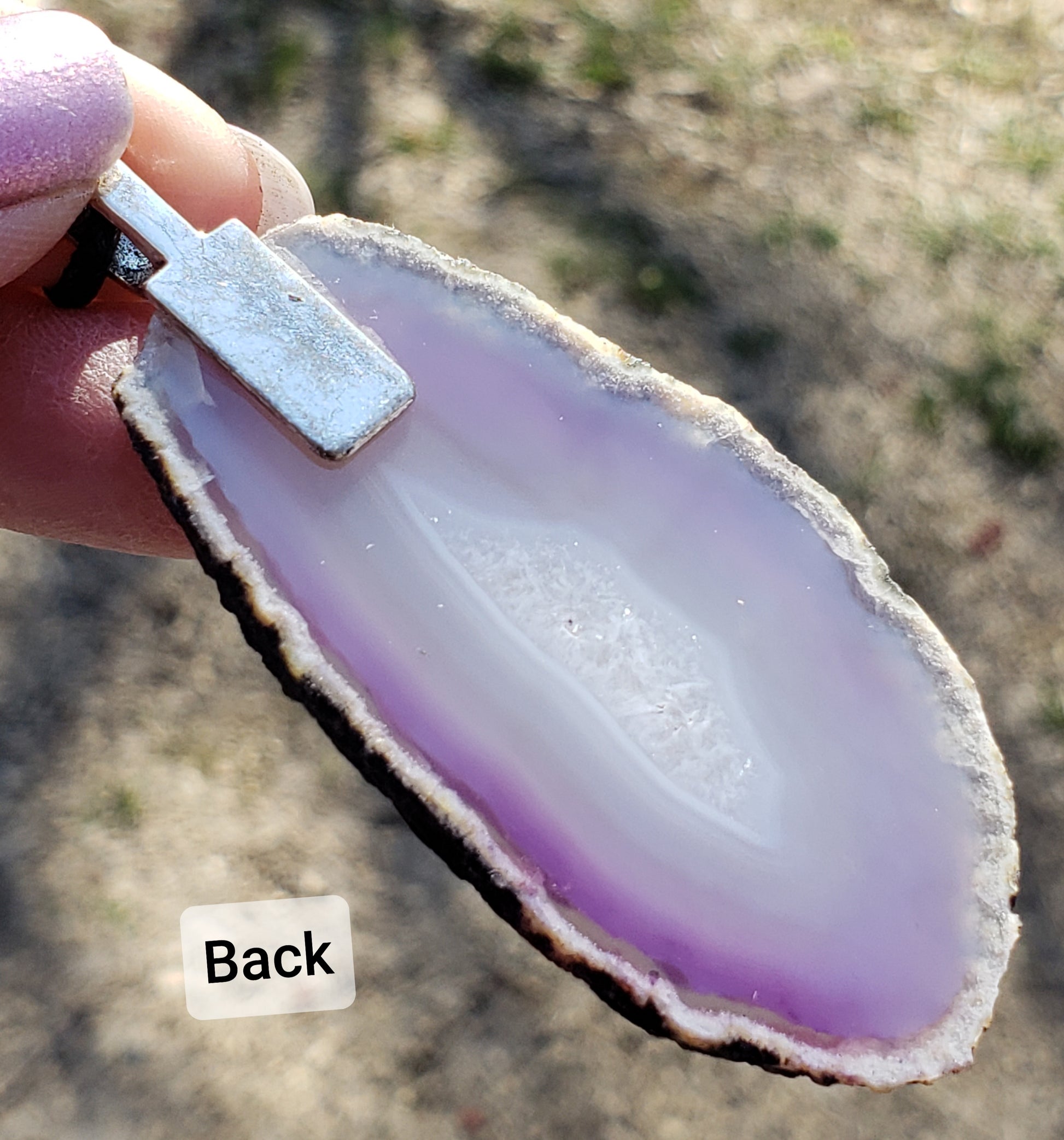 Purple agate slice necklace back