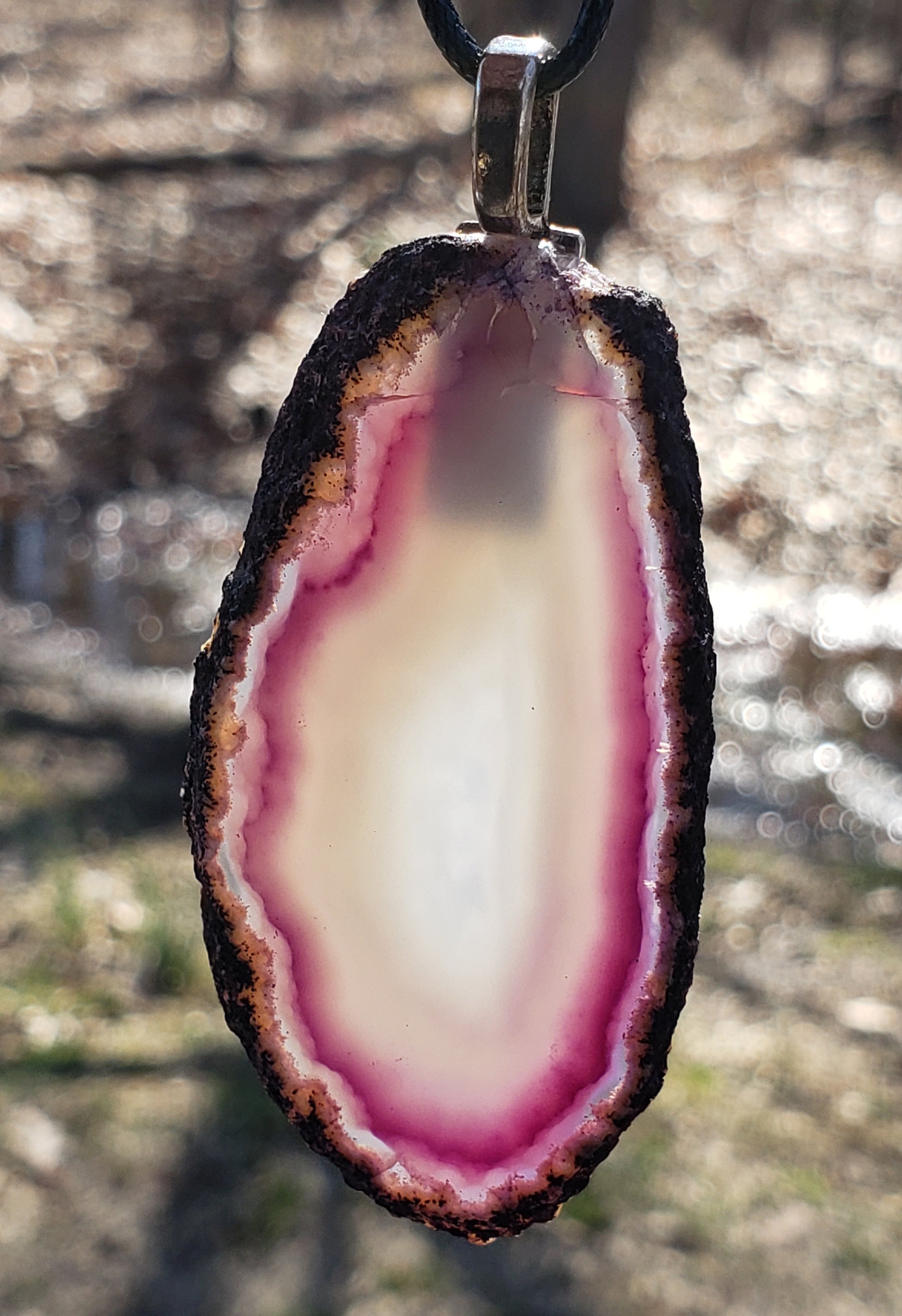 Purple agate slice necklace see through