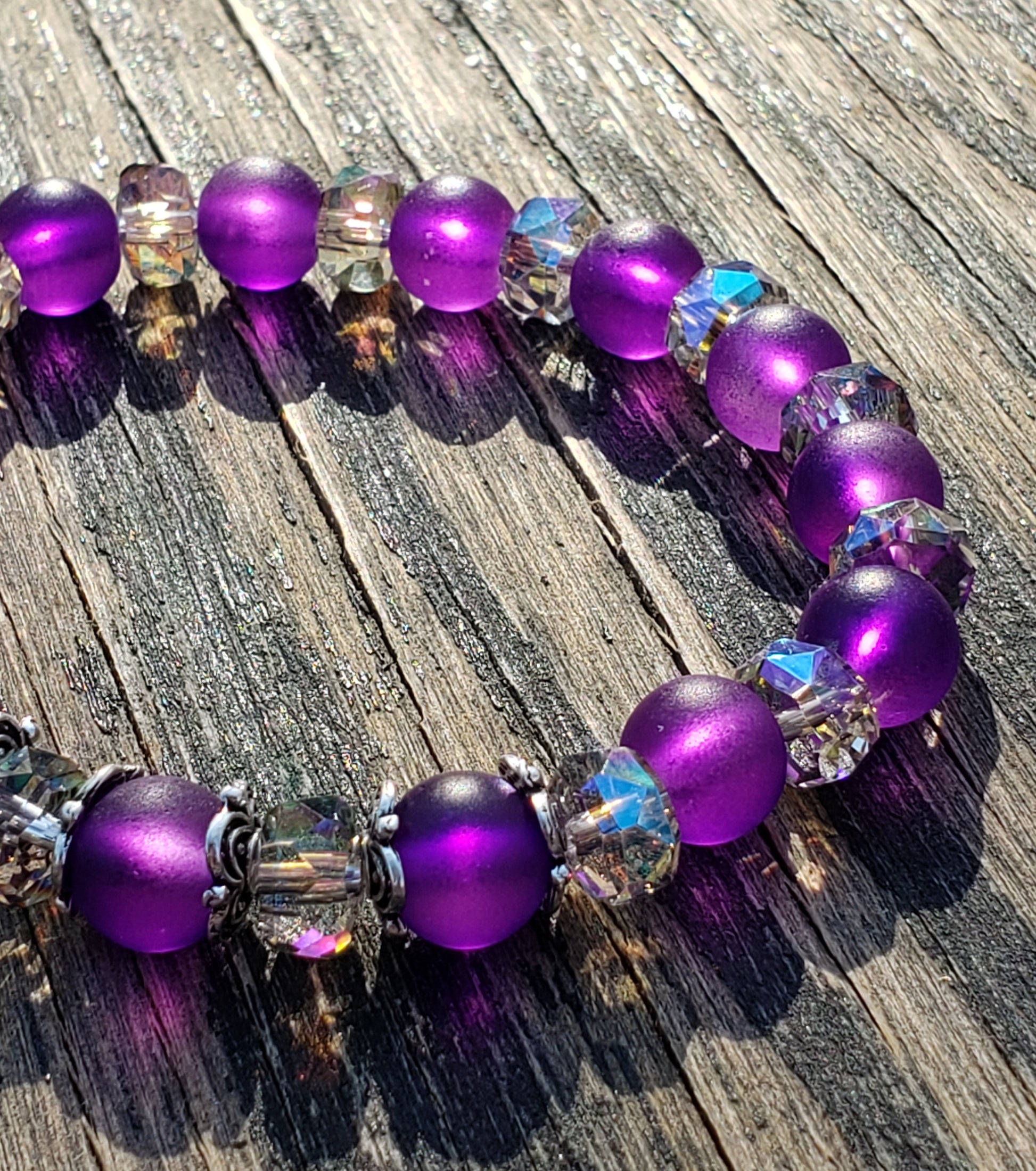 purple frosted glass bracelet close up
