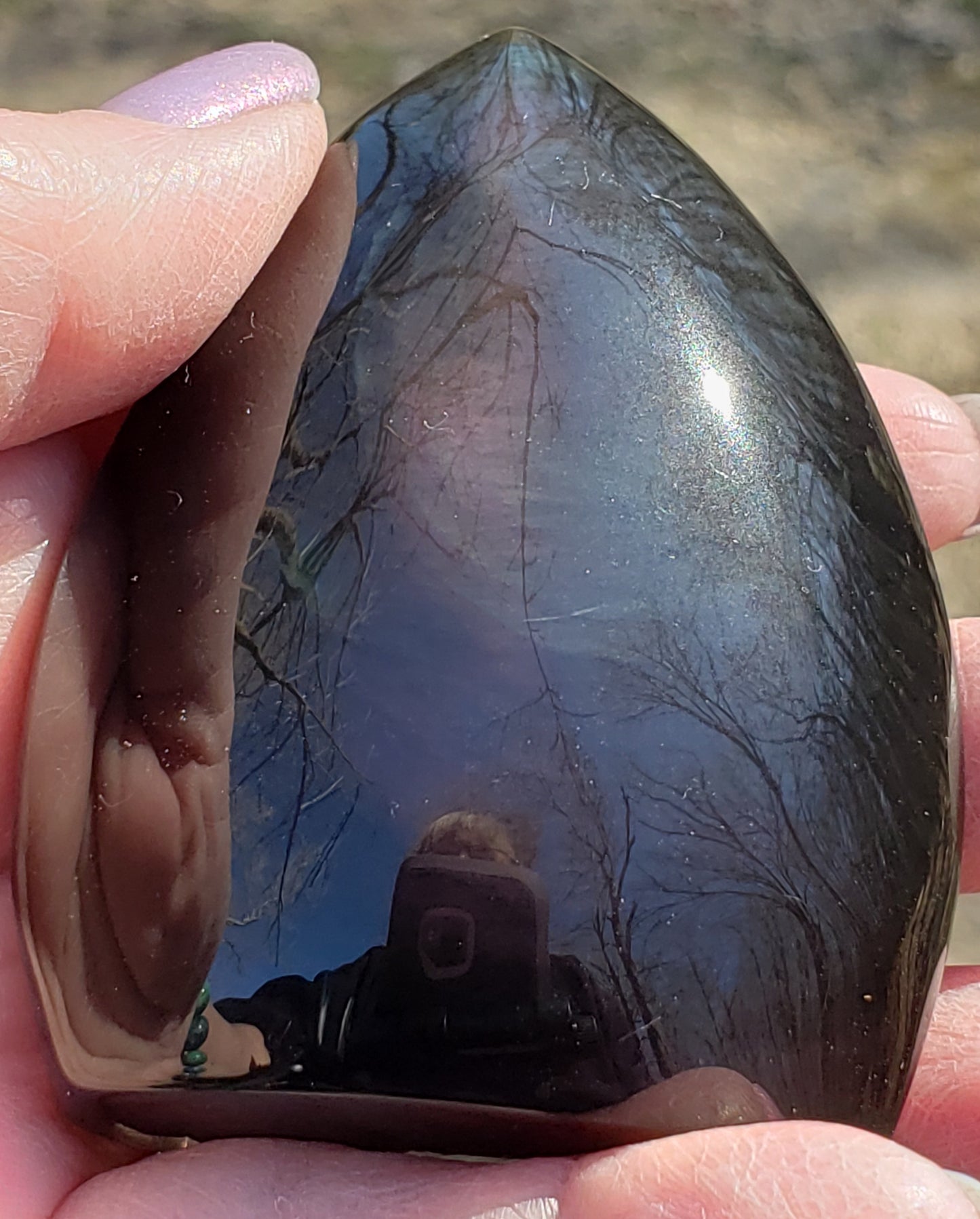 Purple flash rainbow obsidian freeform from multiple angles