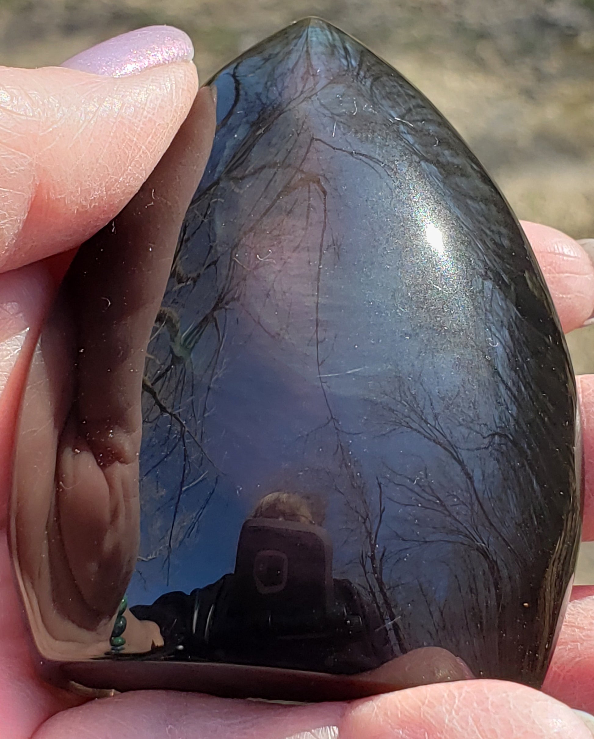 Purple flash rainbow obsidian freeform from multiple angles