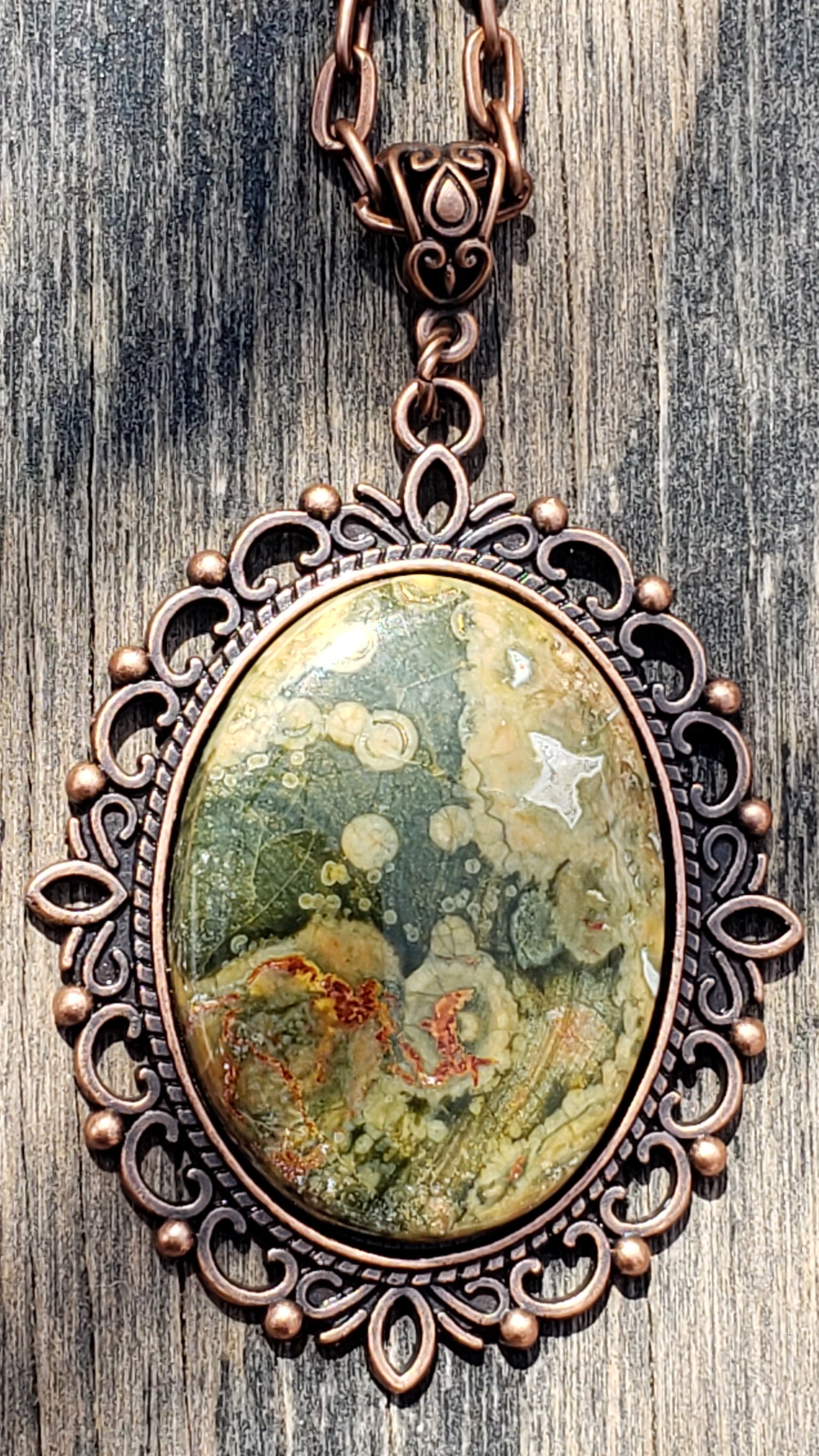 Rainforest jasper and rhyolite necklace with 40×30 mm stone pendant close