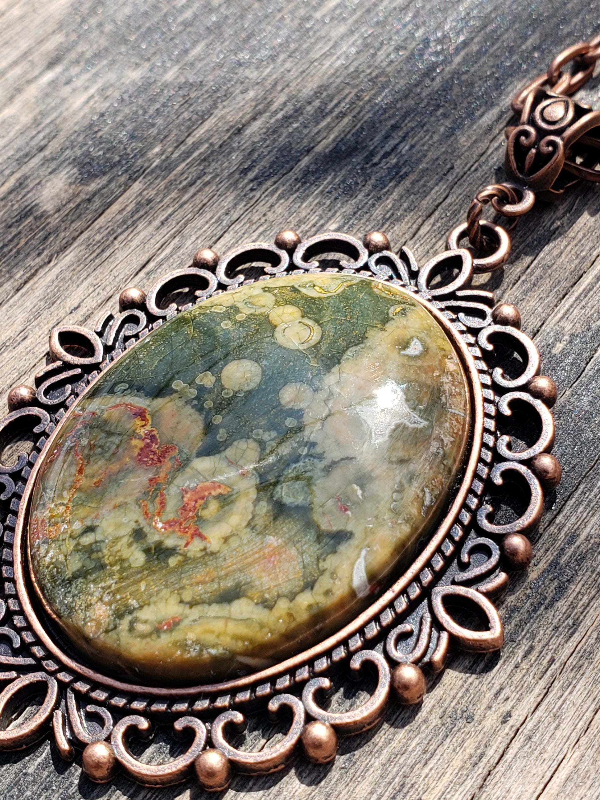 Rainforest jasper and rhyolite necklace with 40×30 mm stone pendant
