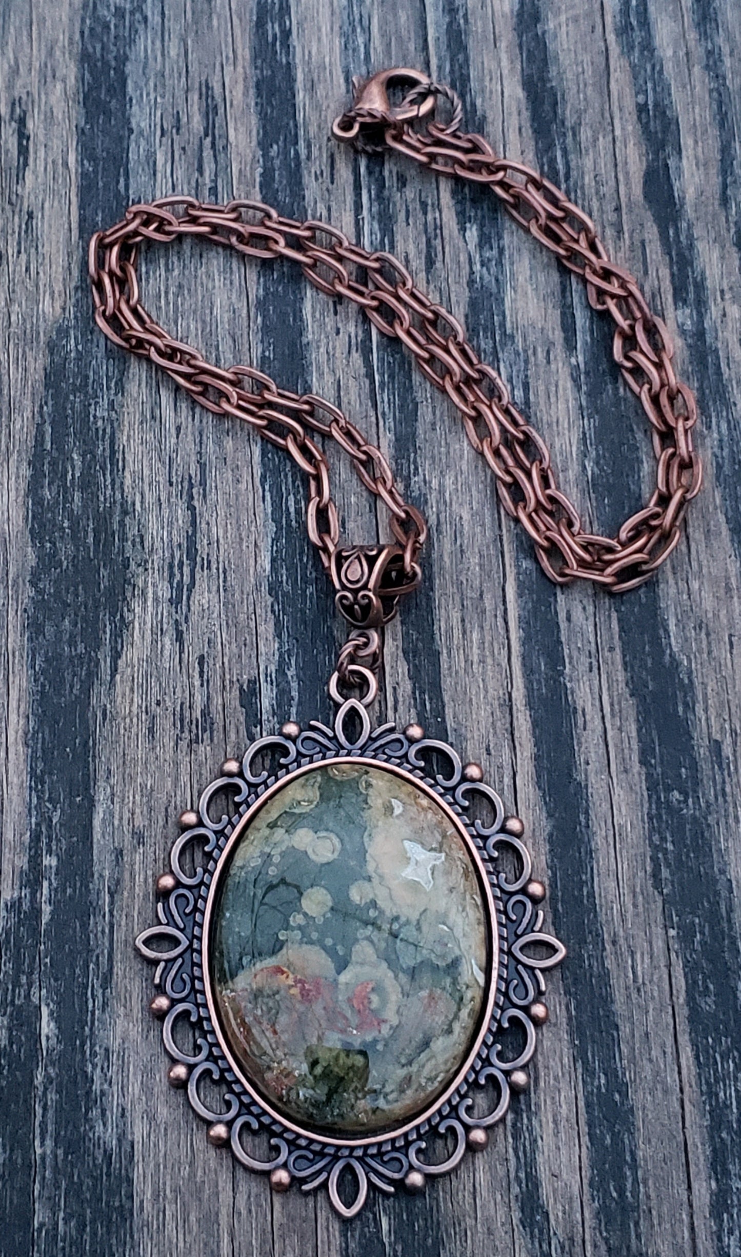Rainforest jasper and rhyolite necklace with 40×30 mm stone pendant with chain