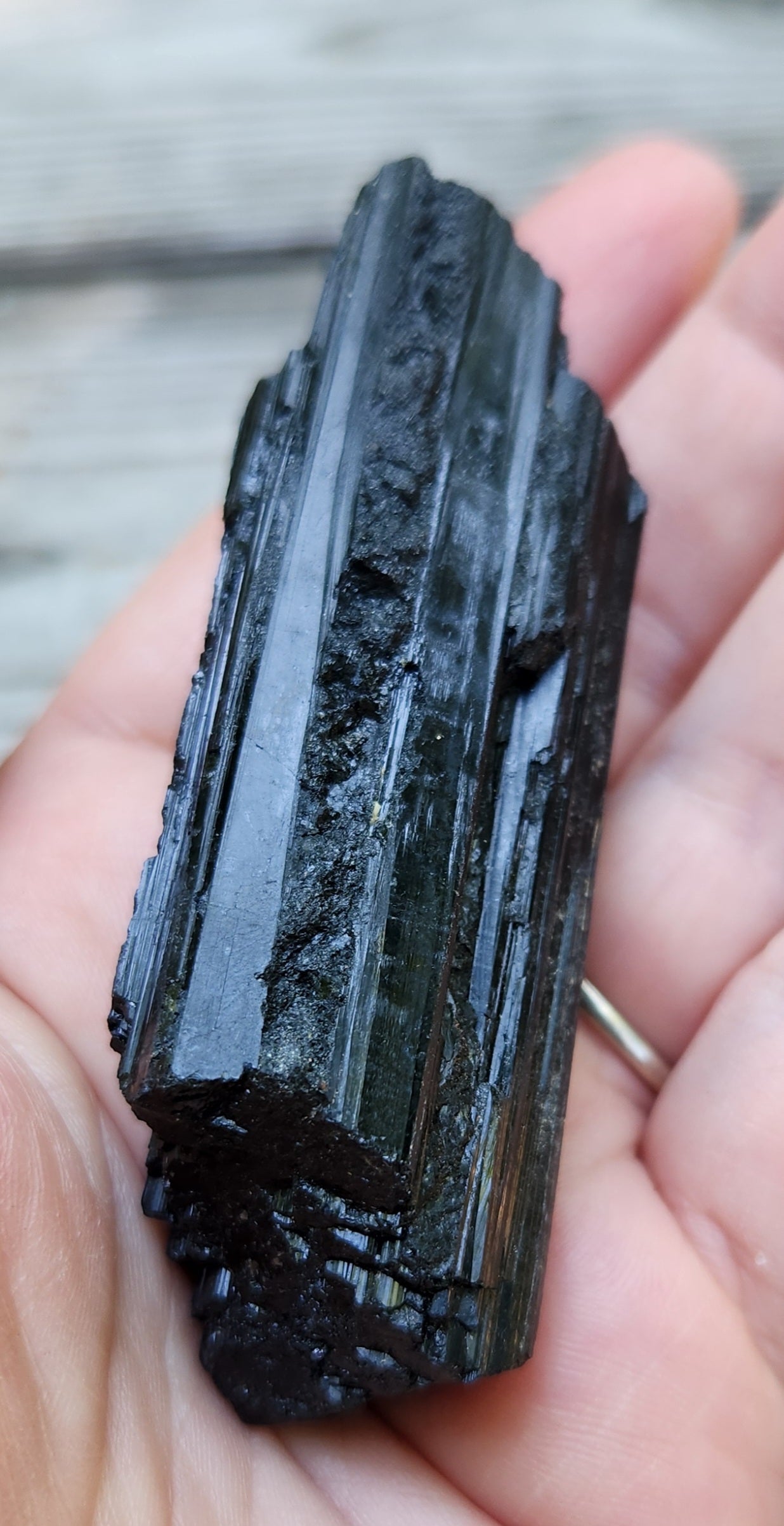 Natural schorl tourmaline specimen showing classic columnar crystal form, item RC428
