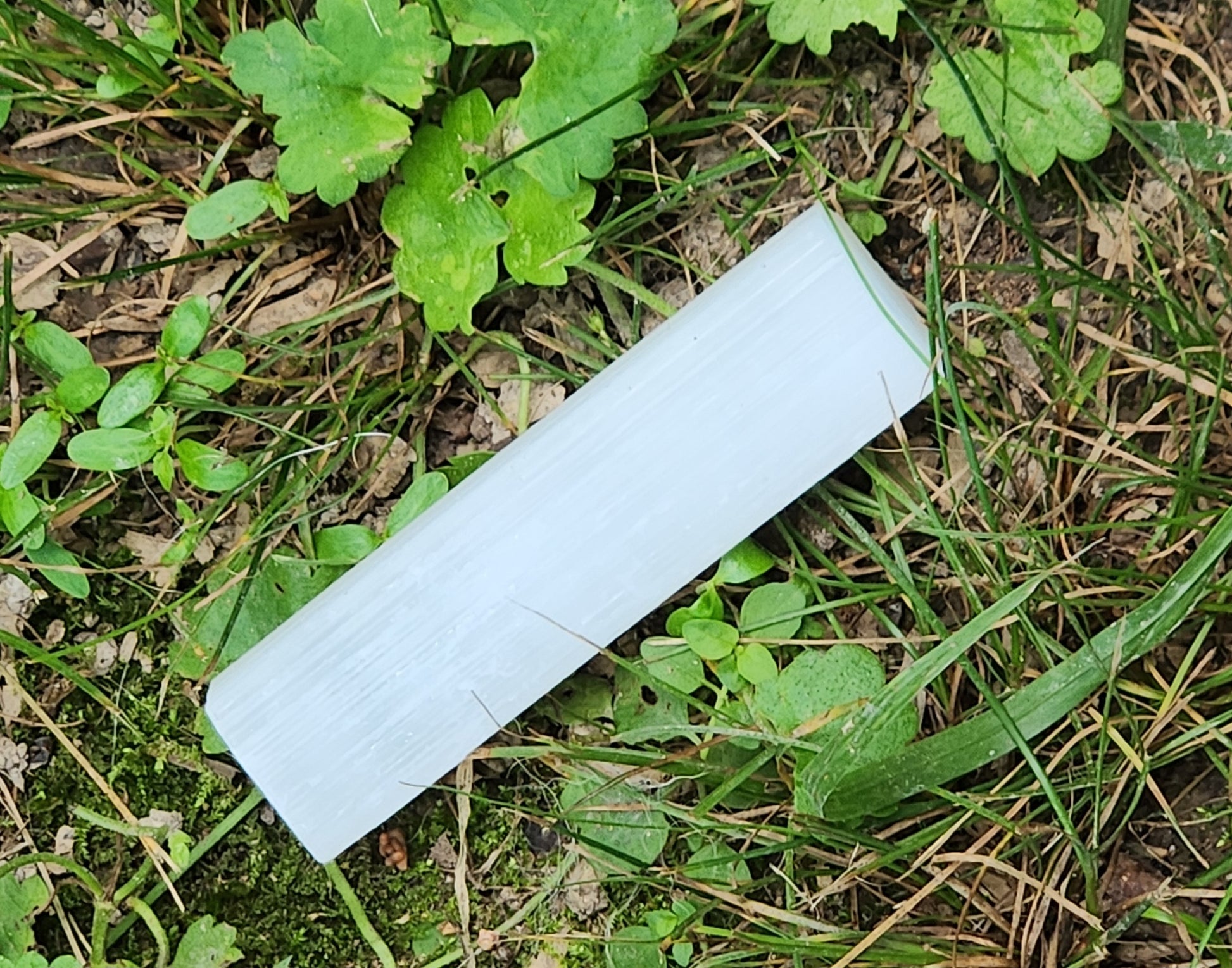 Natural selenite stick wand 2.5 to 3 inches in grass