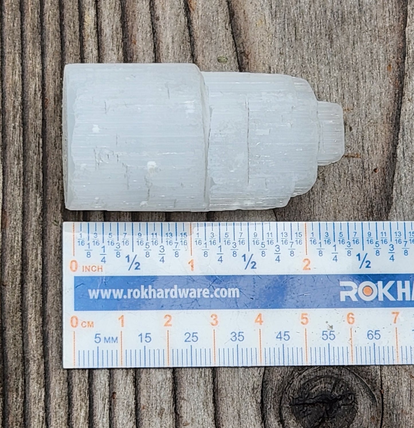 Natural selenite display crystal tower with ruler