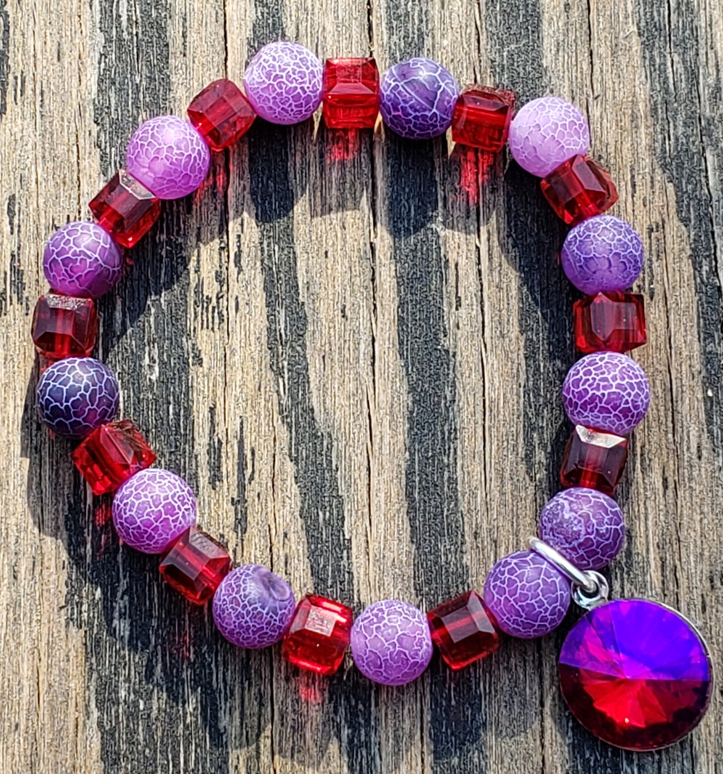 purple agate and red glass bracelet with shiny glass charm
