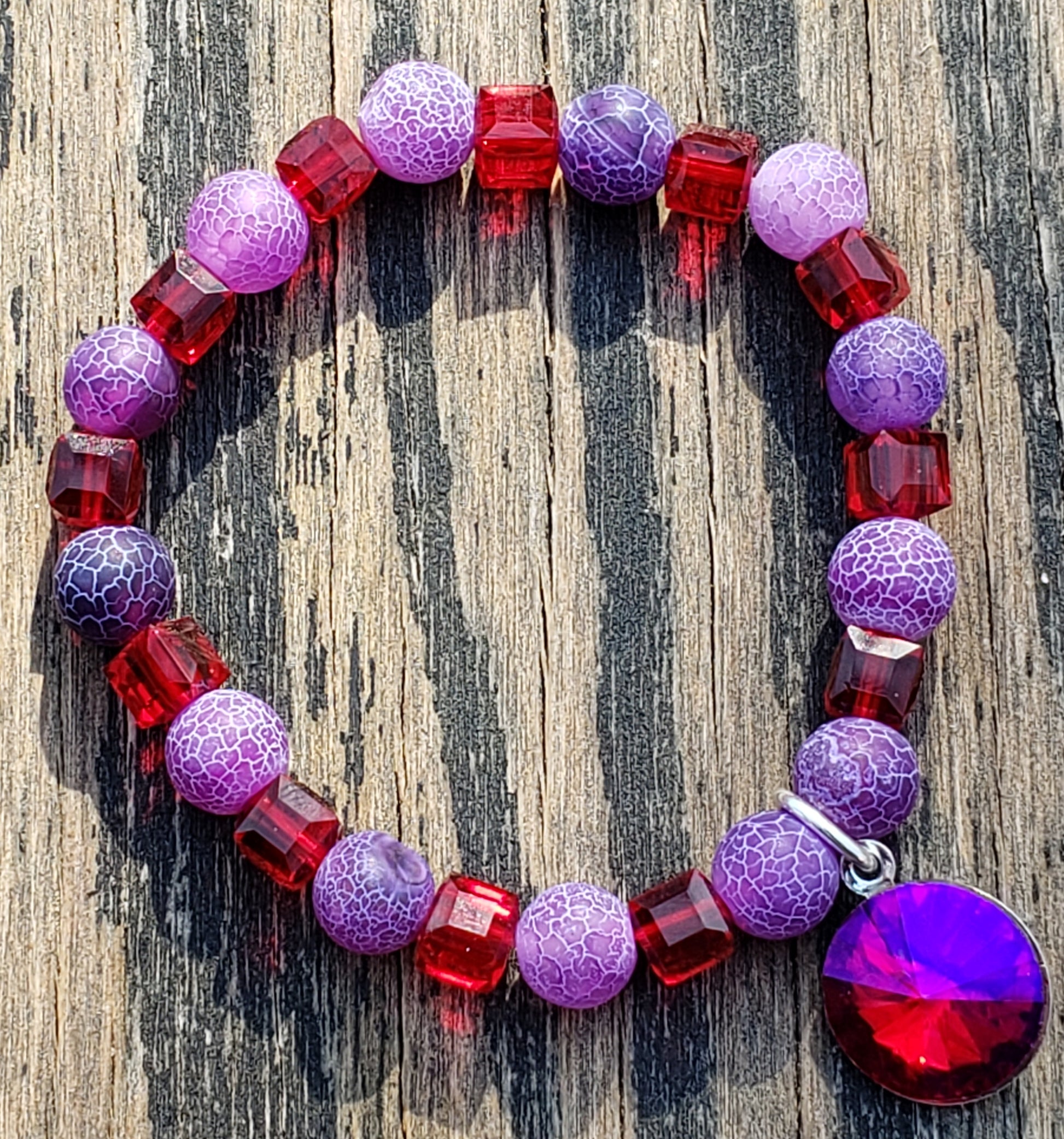 purple agate and red glass bracelet with shiny glass charm